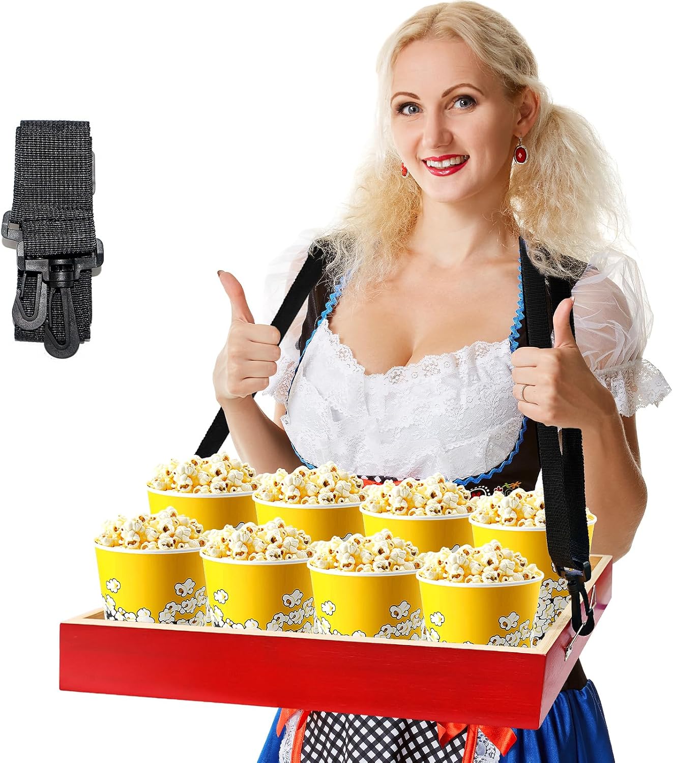 Wooden Snack Tray with Strap 15.8 x 11.8 x 2.2 Inch Movie Night Party Serving Tray, Popcorn and Beverage Carrier for 20s Theme Costume Accessory, Carnival Prop (Red)