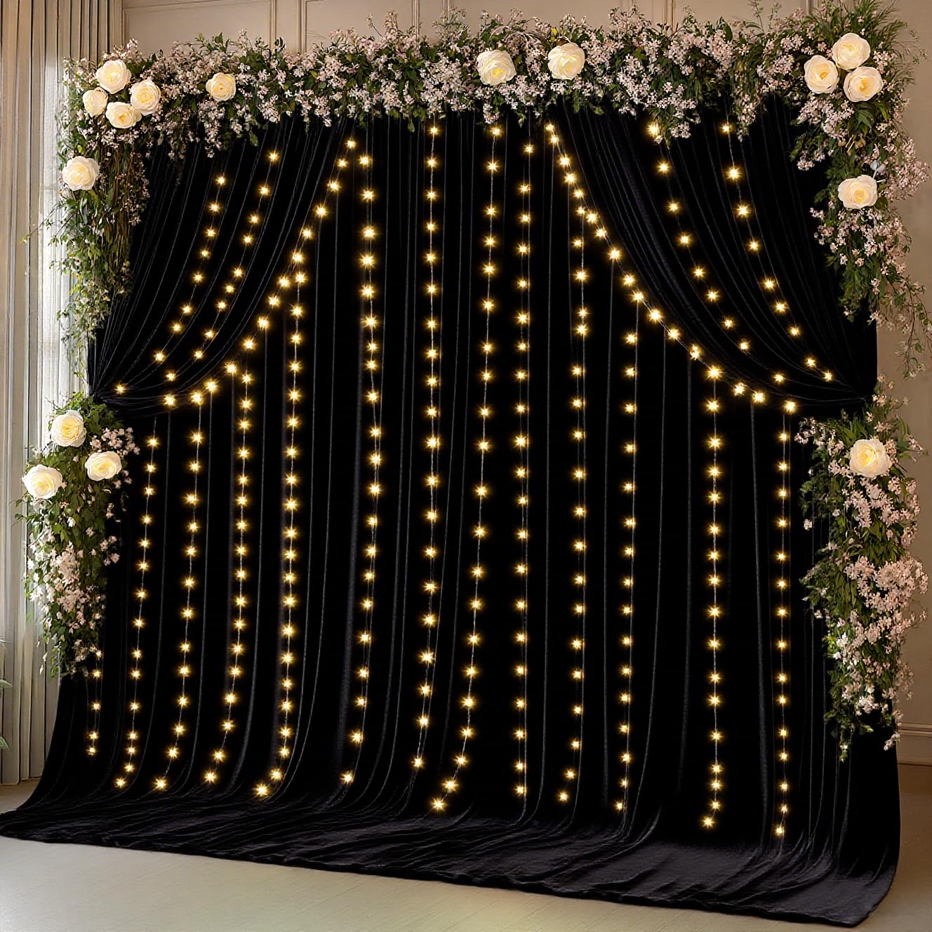 10 x 10 Black Backdrop Curtains with Lights String for Halloween Party Spandex Photo Background Drapes Wrinkle Free Curtains Backdrop for Wedding
