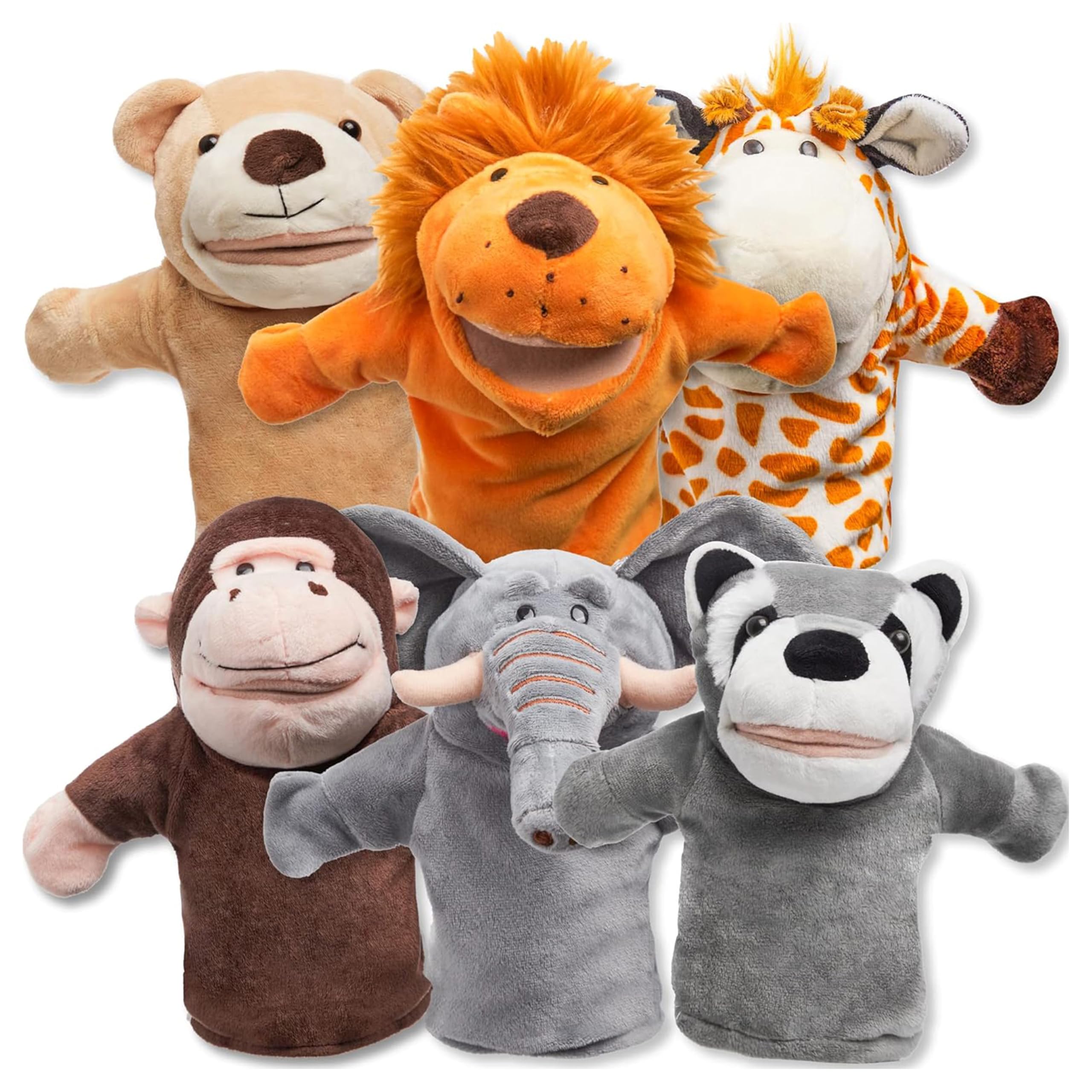 JOYIN 6Pcs Kids Hand Puppet Set with Working Mouth, Toddler Plush Toy Includes Elephant, Giraffe, Lion, Bear, Raccoon and Monkey for Show Theater, Easter Birthday Gifts for Kids 1 2 3+