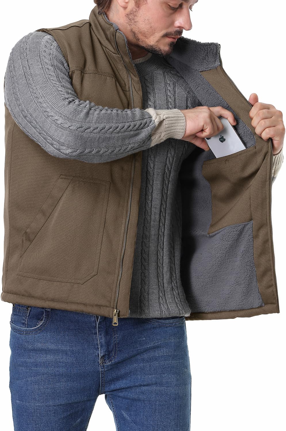 Men's Loose Fit Workwear Vest Fleece-Lined Durability Waterproof Mock-Neck Vest - Image 3