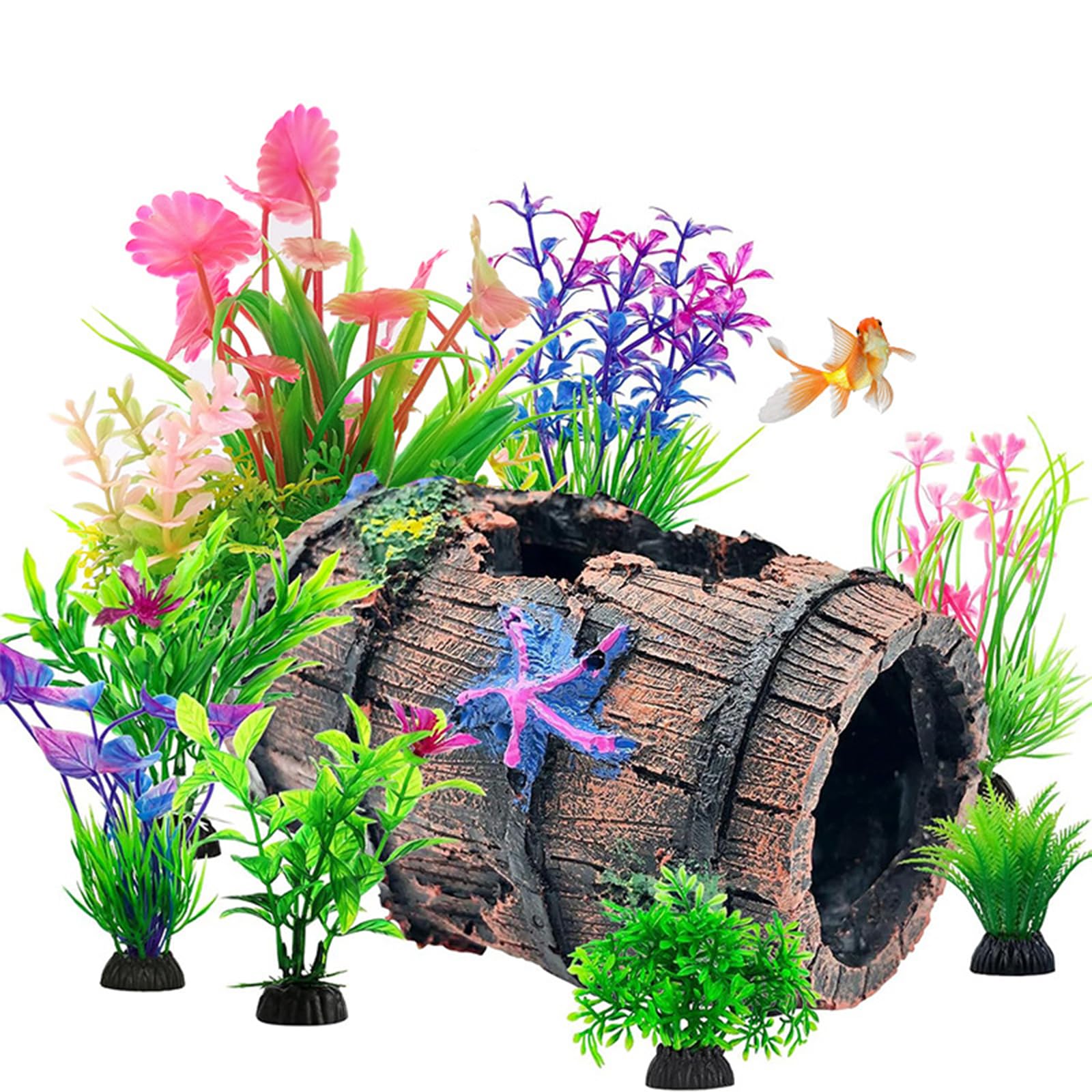 CLIUNT Fish Tank Decorations, Aquarium Ornaments, with Broken Starfish Barrel Cave & 8Pcs Artificial Plants Set, Betta Fish Accessories, Goldfish Shrimp Hideout, Vivarium, Reptile Habitat