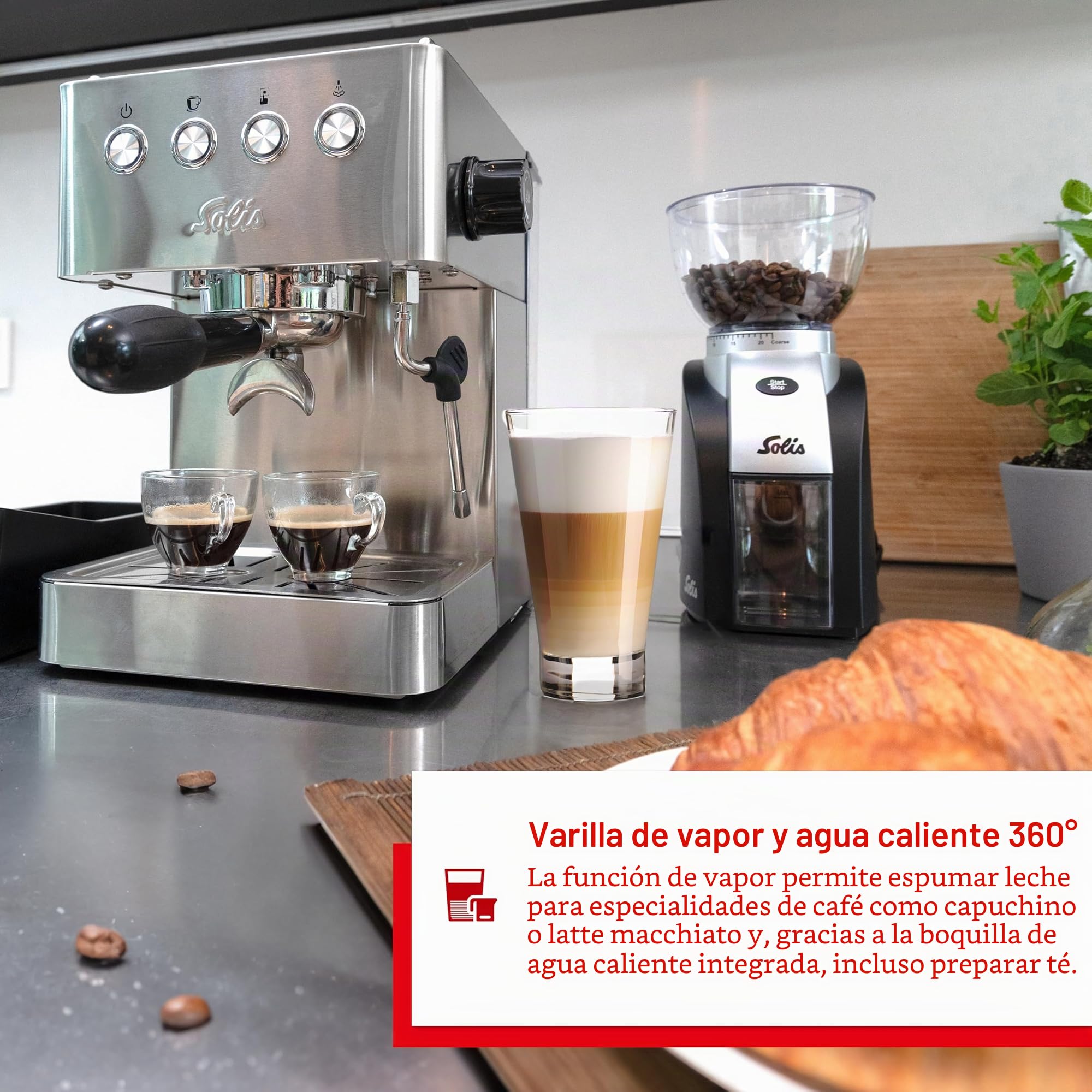 Solis Barista Gran Gusto - Cafetera espresso con depósito de agua extraíble, máquina semiautomática de portafiltros con soporte de filtro profesional de 58 mm, función de agua caliente y vapor, acero