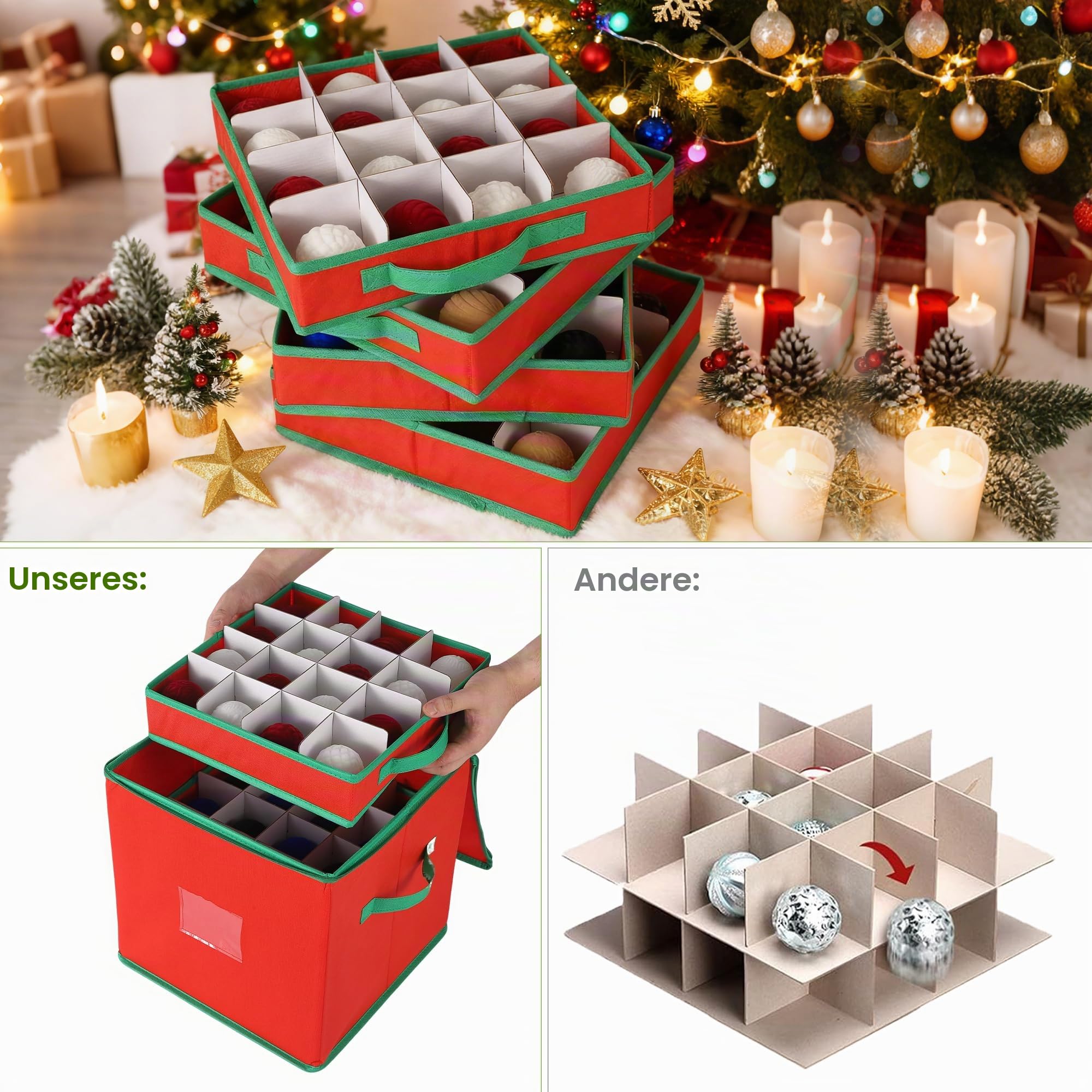 2er Set Weihnachtsdeko Aufbewahrung, Weihnachtskugel Box Mit Herausnehmbaren Tabletts, Doppel-Reißverschluss, Reißfestem Vliesstoff – Lagert Bis Zu 128 Christbaumkugeln, Rot