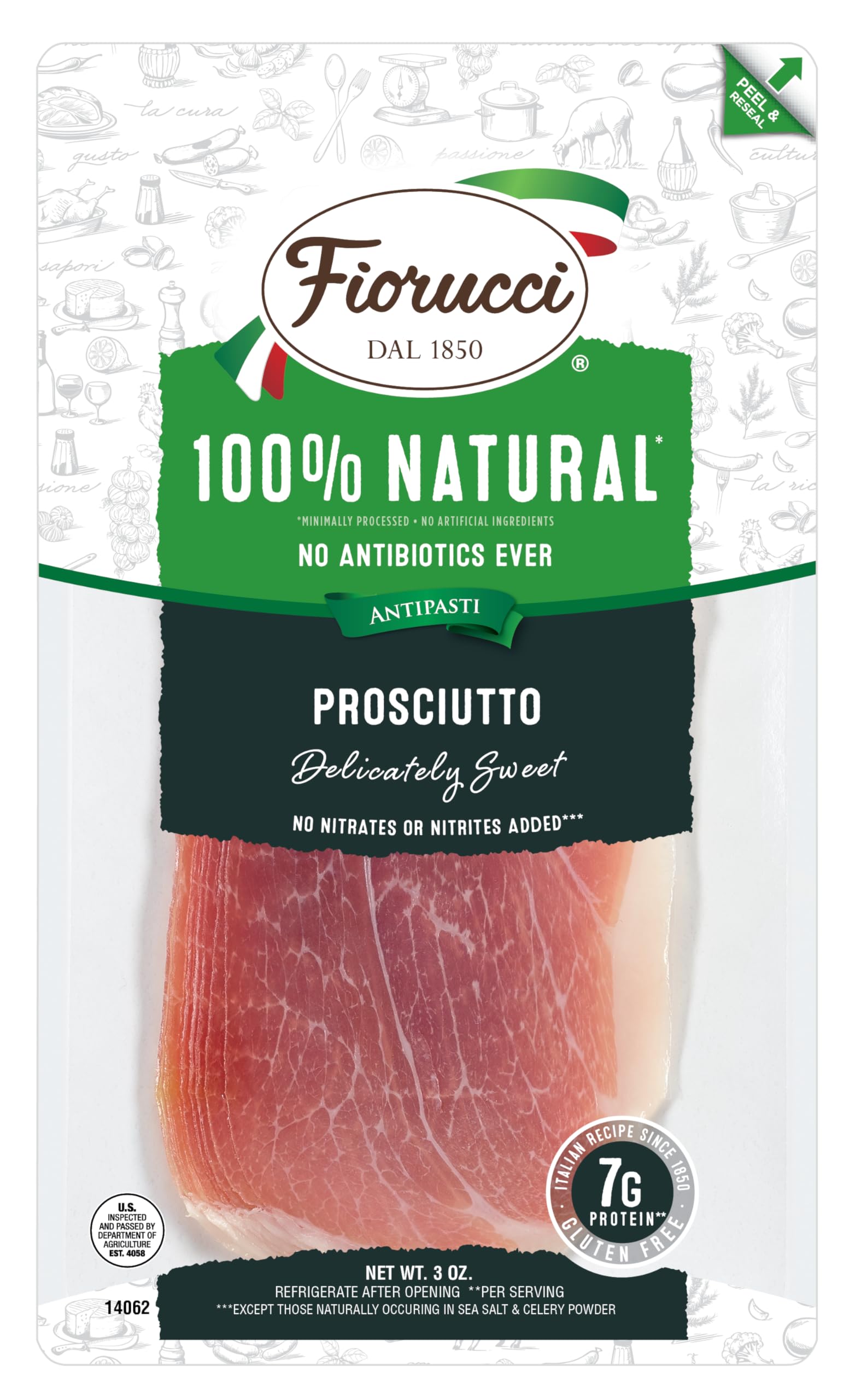 Fiorucci All Natural Uncured Prosciutto, Lightly Salted Hand-trimmed and Carefully Aged with No Nitrites & Antibiotic Free Pork, 7g of Protein, 3 Oz (Pack of 12)