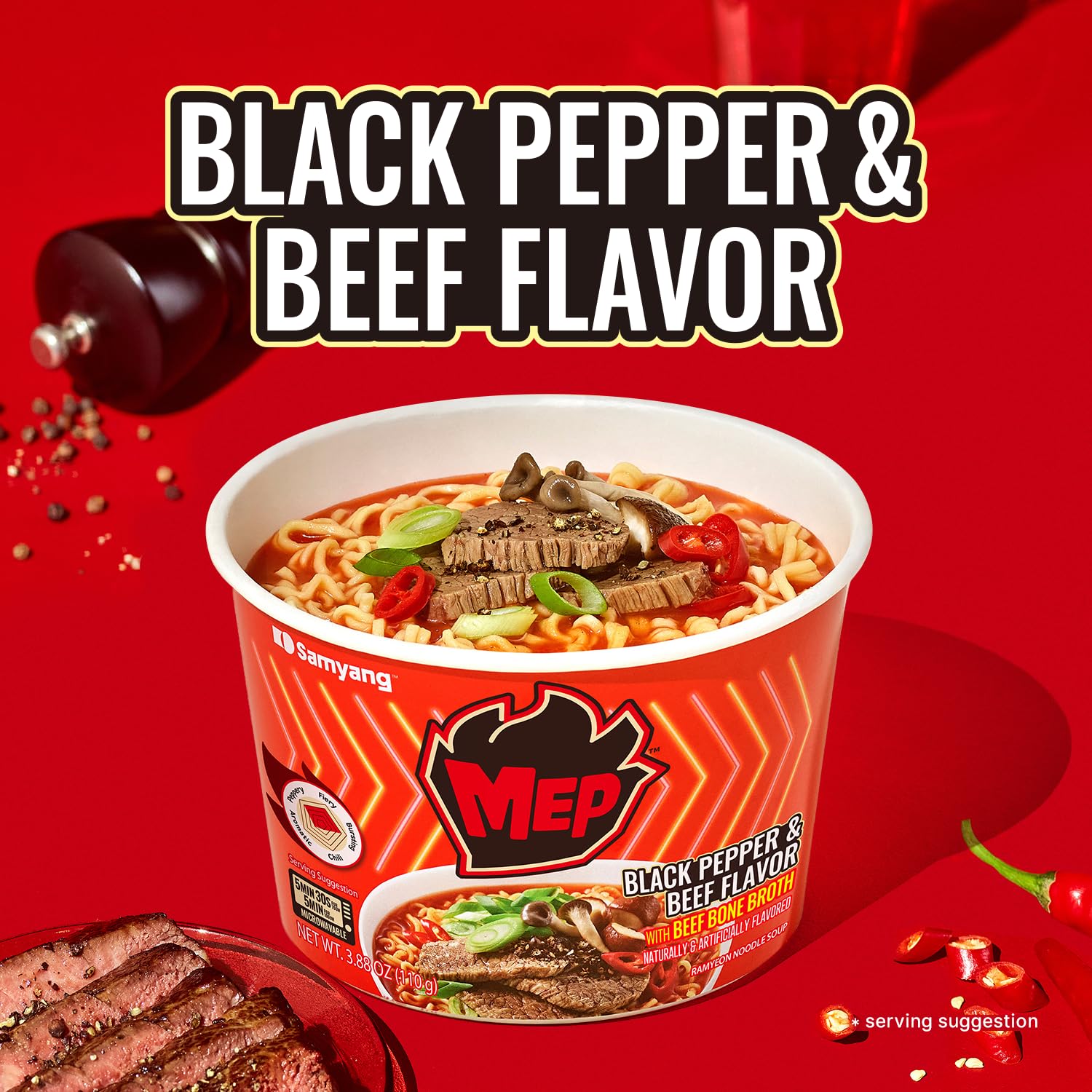Samyang MEP Black Pepper Beef Ramen, Spicy Korean Instant Bowl Noodle Soup, Rich Bone Broth Ramyeon, Quick Microwave Meal, 3.88 oz (Pack of 6)