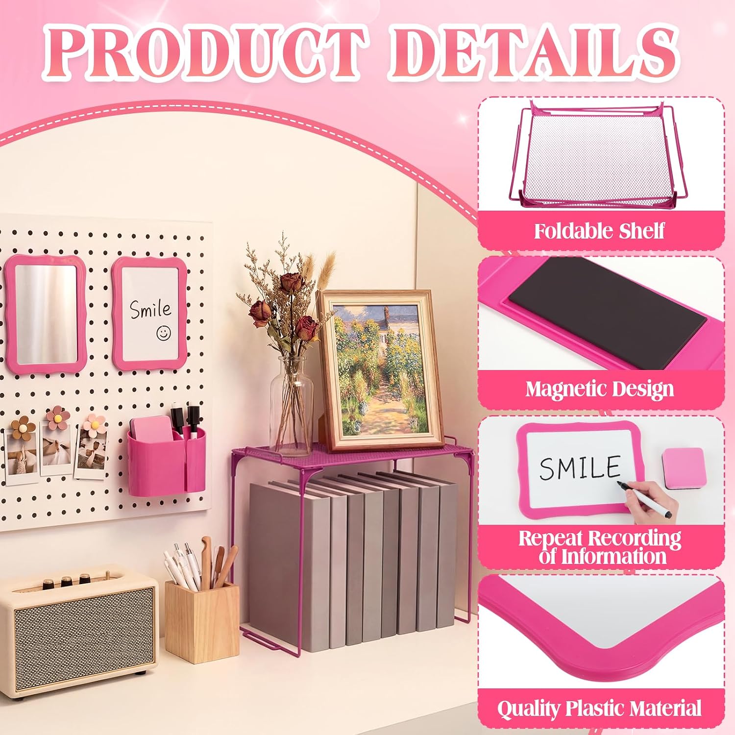 Colarr 16 Pcs Rose Red Locker Accessories for Girls Includes Magnetic Whiteboard & Mirror Locker Shelf Pen Holder 2 Dry Erase Marker & Eraser 9 Flowers for Back to School Essentials Decoration