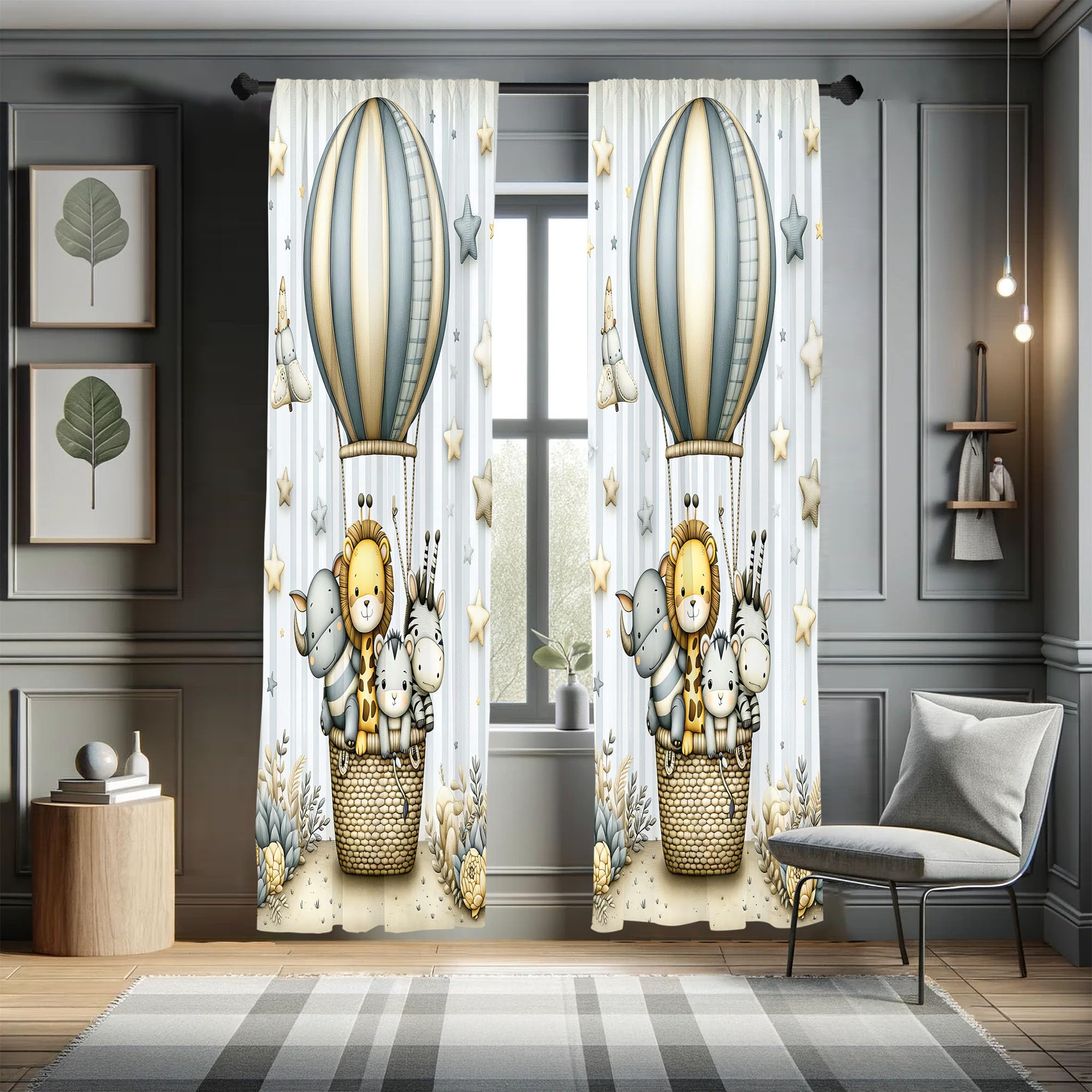 Ambesonne Animals Window Curtains, Happy Tale of Giraffe Zebra Friends and Starry Night Balloon Striped, Lightweight Decor 2-Panel Set with Rod Pocket