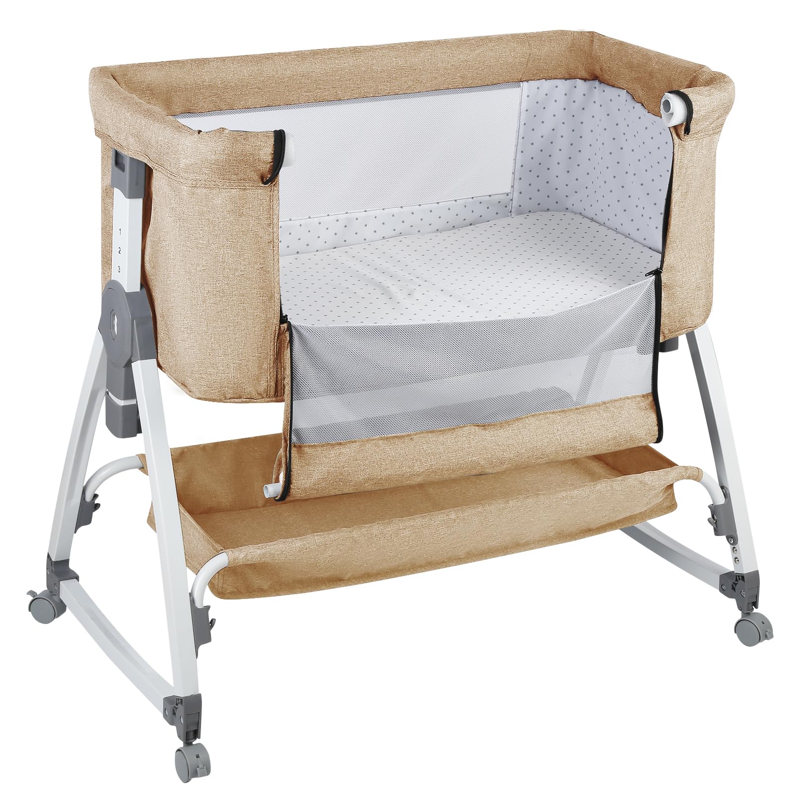 HUOLE Cuna 3 en 1 hasta 30 kg, Cuna de colecho, Cuna Mecedora, Ajuste de Altura e inclinación del colchón, 4 Ruedas con Freno, Colchón Ergonómico, Bolsa-80 * 40 * 100-115cm-blanquecino