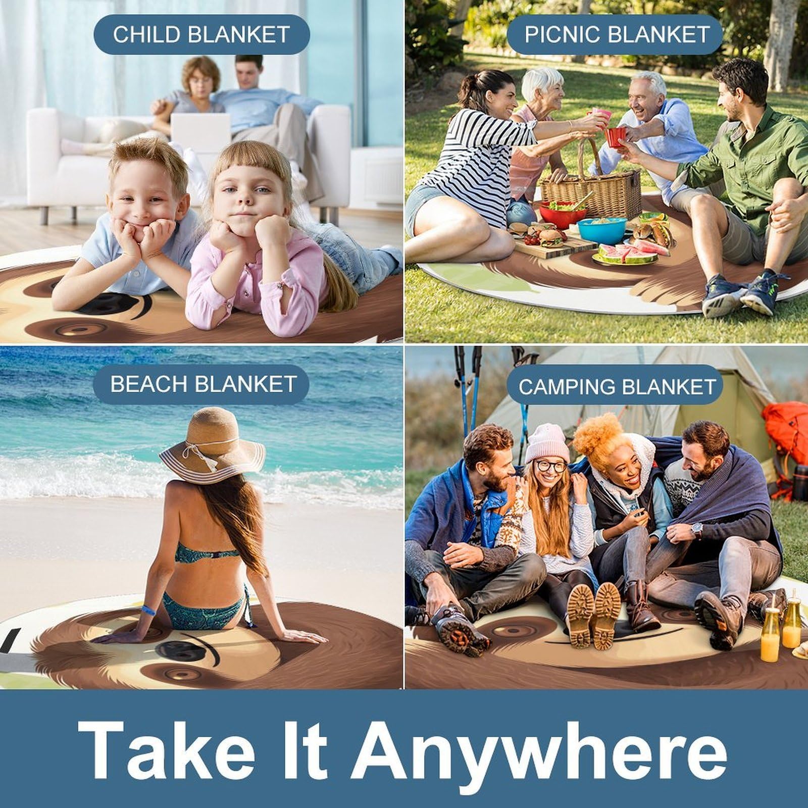 Koc piknikowy z leniwcem, okrągły, składany, lekki, wodoodporny koc plażowy, koc outdoorowy, na wiosnę, lato, kemping, do parku, trawy podróżnej