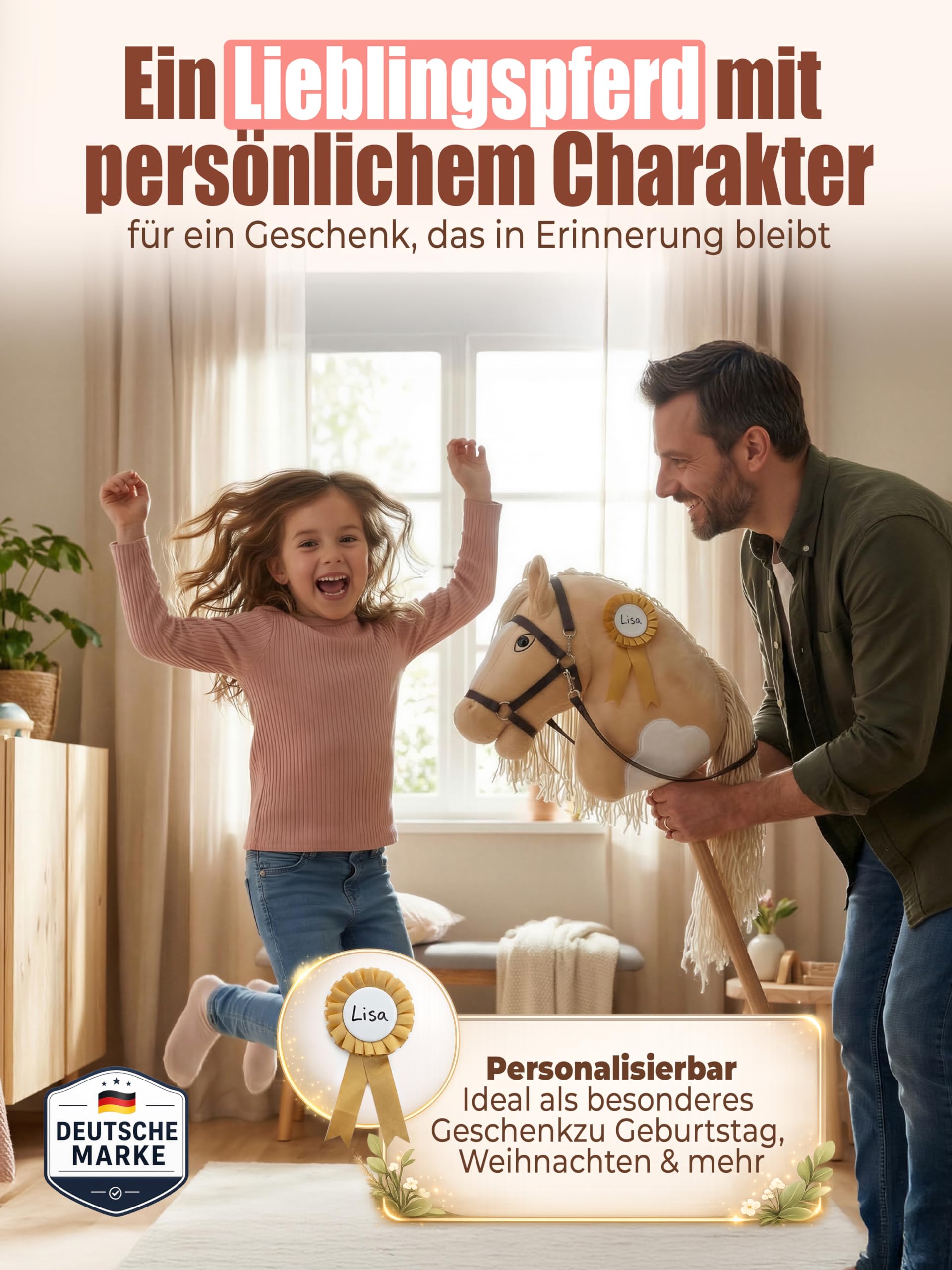 Hobby Horse - Cavallo a bastoncino fatto a mano per bambini da 4 a 12 anni, realistico, con cinghia regolabile e fiocco da torneo (beige e bianco)