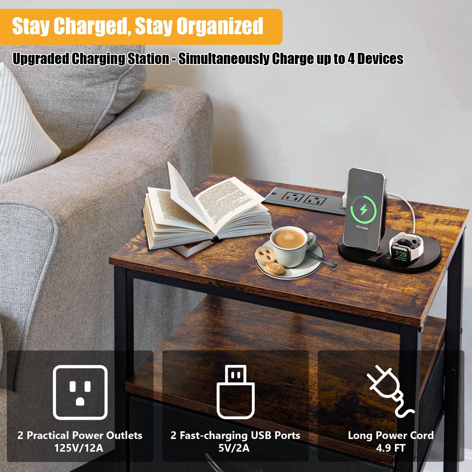 TOWPONICS Nightstand with Charging Station, Bedside End Table with USB Ports and Outlets, Night Stand with Fabric Drawer, Side Table for Bedroom, Dorm, 3-Tier Storage Shelf, Vintage Brown