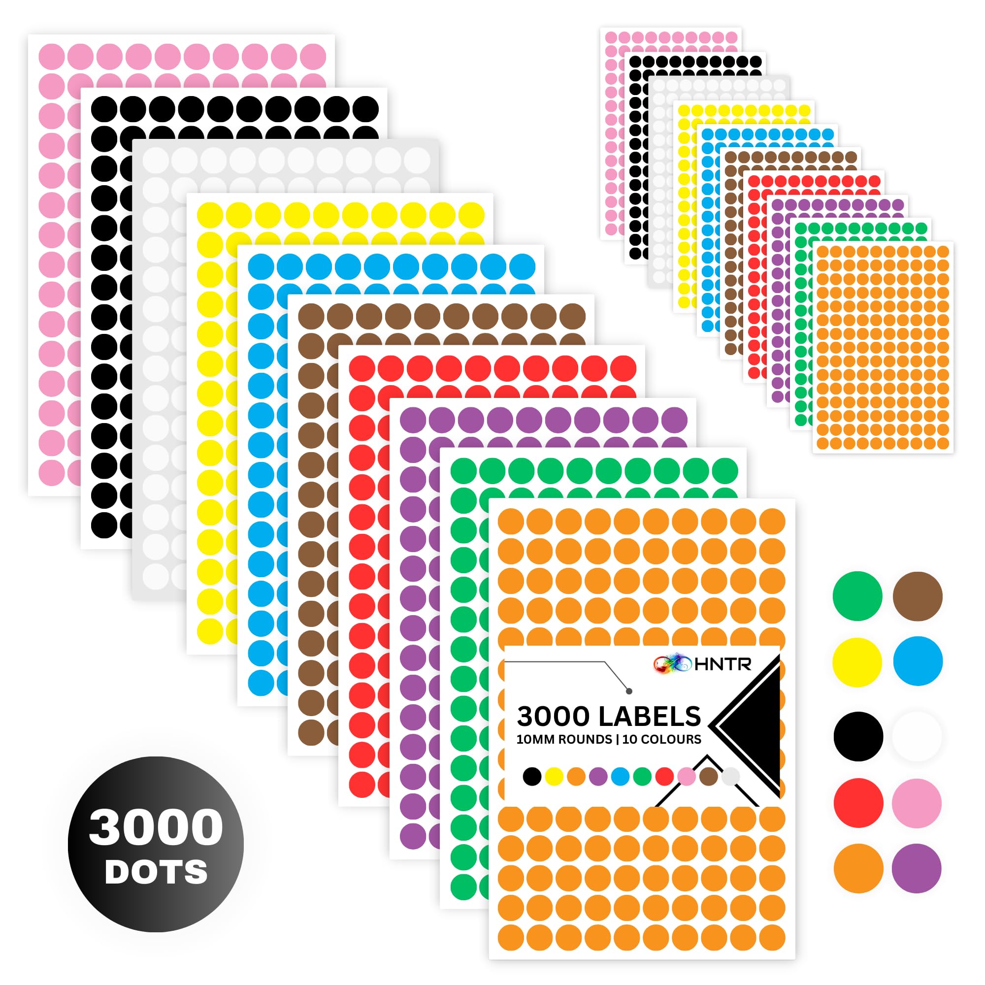 Hntr Dot 3000 Hntr® Coloured Dot Stickers With Resealable Pouch | 3000 Coloured Spotty Stickers | 10Mm | 10 Colour Spot Sticker Pack For Planners, Charts, Classrooms & Organising (Dot)