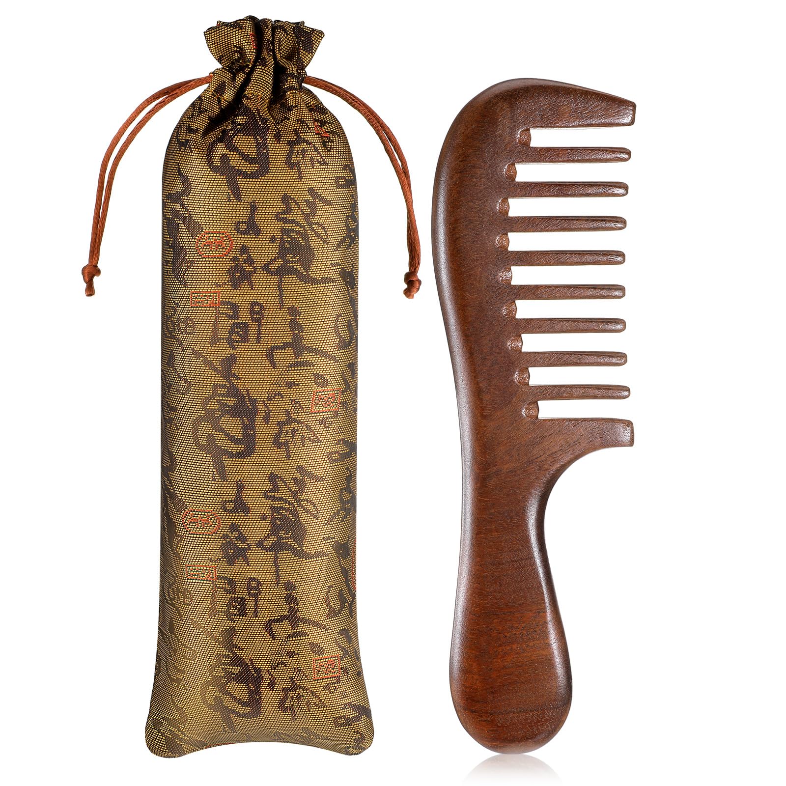 Thicken Wooden Wide Tooth Comb for Curls Sandalwood Comb Anti-Static Large Natural Sandalwood Wooden Combs with Exquisite Chinese Storage Bag Curly Hair Combs for Women Men