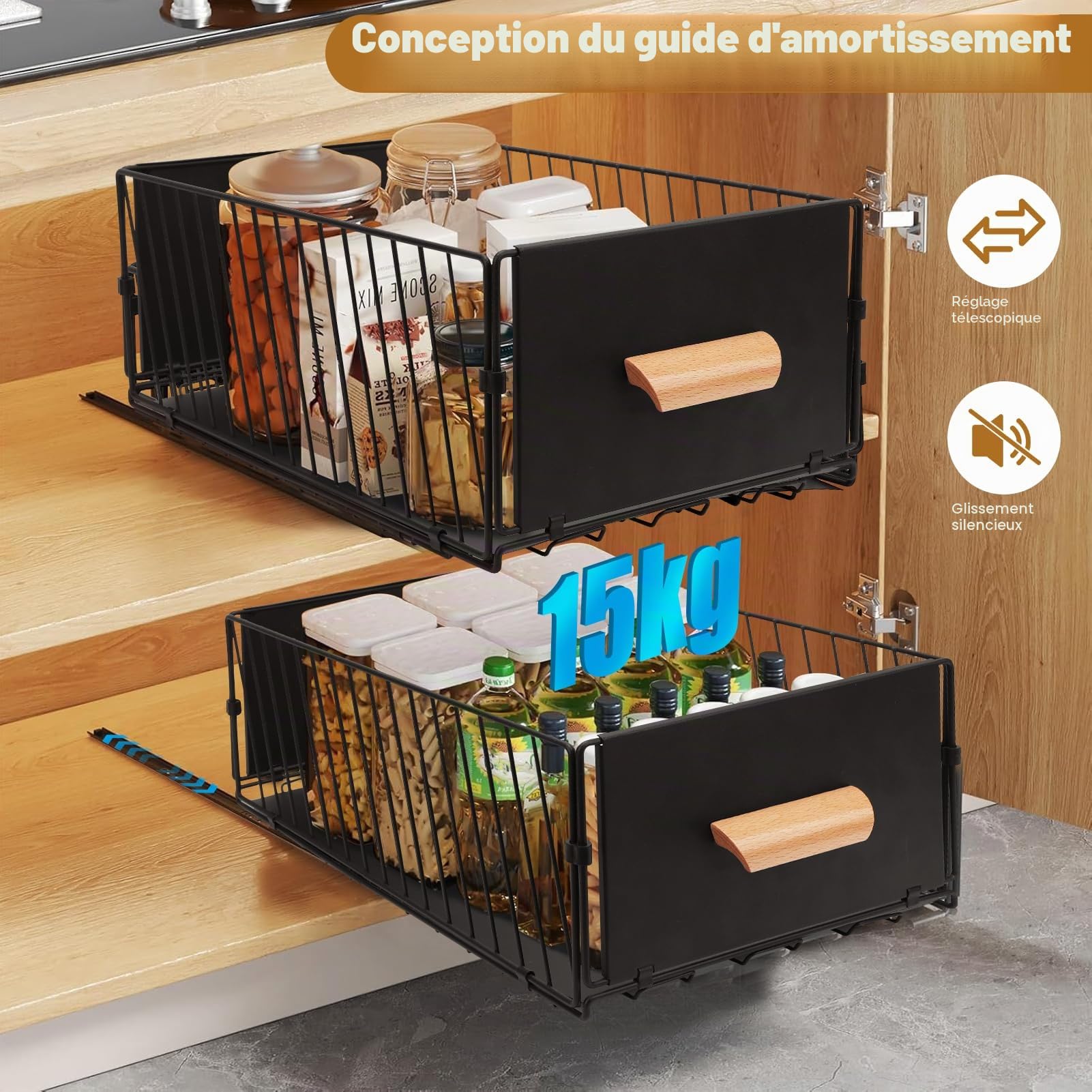 Lot de 2 Tiroir Coulissant Cuisine Extensible - Organisateur de Tiroir et Placard Sans Perçage, en Acier Inoxydable, 40 x 24 x 17 cm, Charge 20kg - Rangement pour Couverts, Épices, Bocaux
