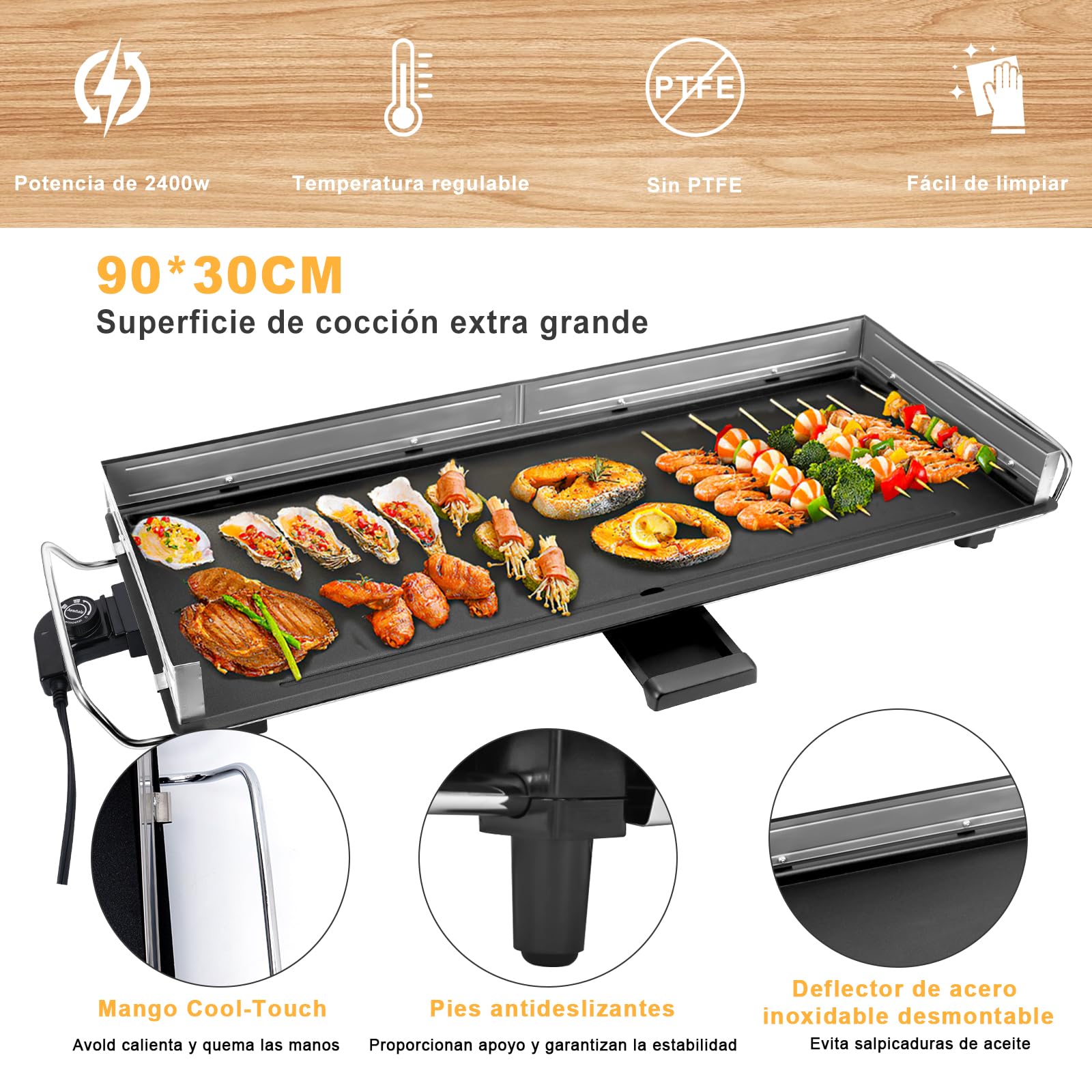 AEWHALE Parrilla Eléctrica -Plancha Electrica para cocinar XXL en interiores y exteriores con protección antisalpicaduras de acero inoxidable,plancha cocina con revestimiento antiadherente,2400 vatios