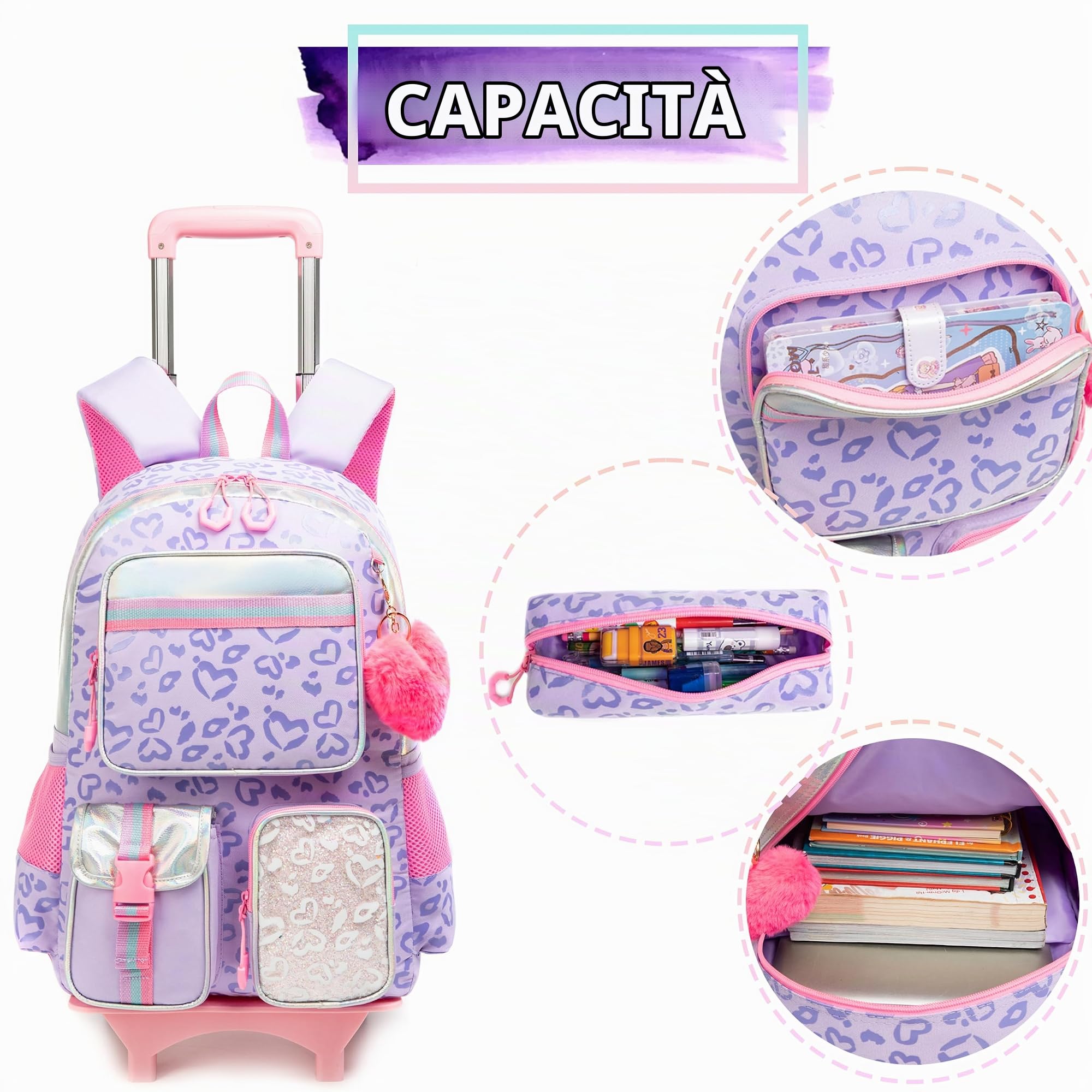 HTgroce Zaino Trolley Scuola Elementare, Zaino Scuola Elementare Bambina Set, Trolley 2 in 1 con Spallacci Per Zaino Bambini