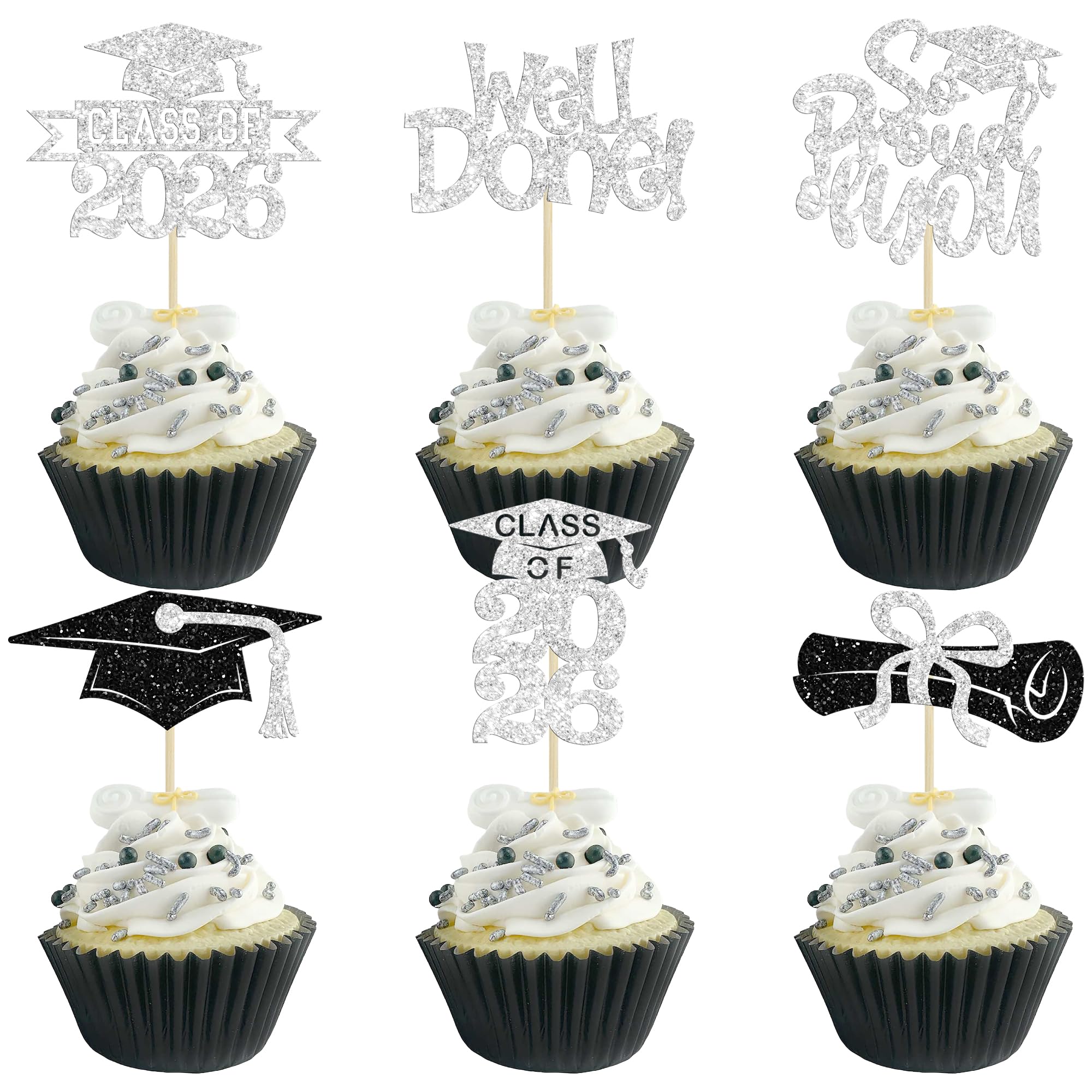 Gyufise 24Pcs Class of 2026 Cupcake Toppers Glitter Congrats Grad 2026 Done Diploma Cupcake Picks for Class of 2026 Graduation Theme Cake Decorations Party Supplies Silver