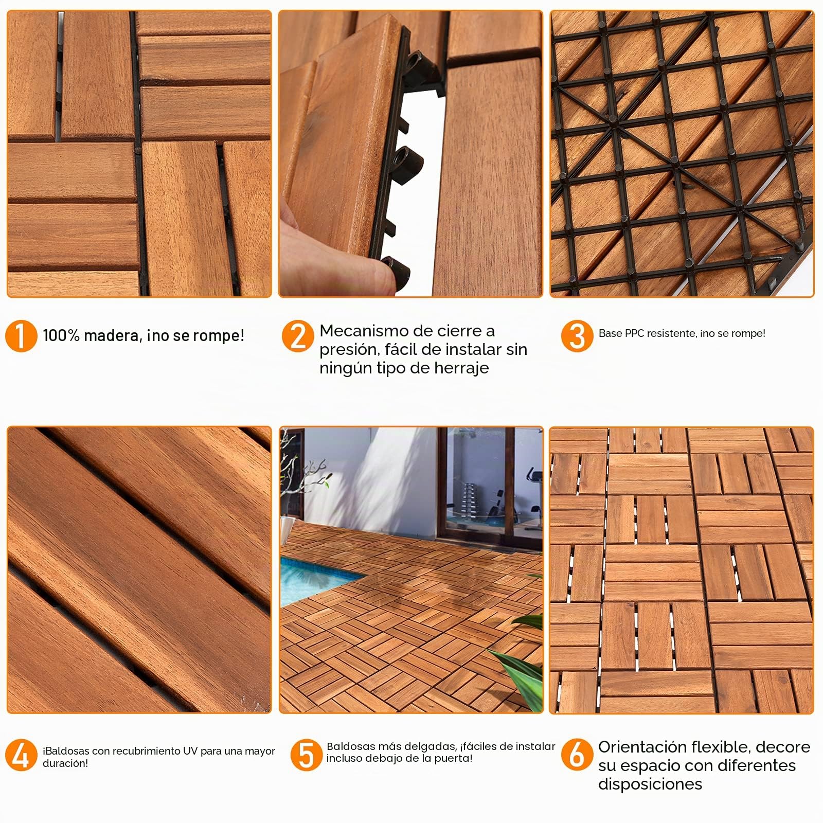 Juego de 11 baldosas de madera de acacia, 12 láminas de 30 x 30 cm – 1 m². Baldosas de balcón para balcón, jardín y terraza | colocación fácil, rápida y práctica