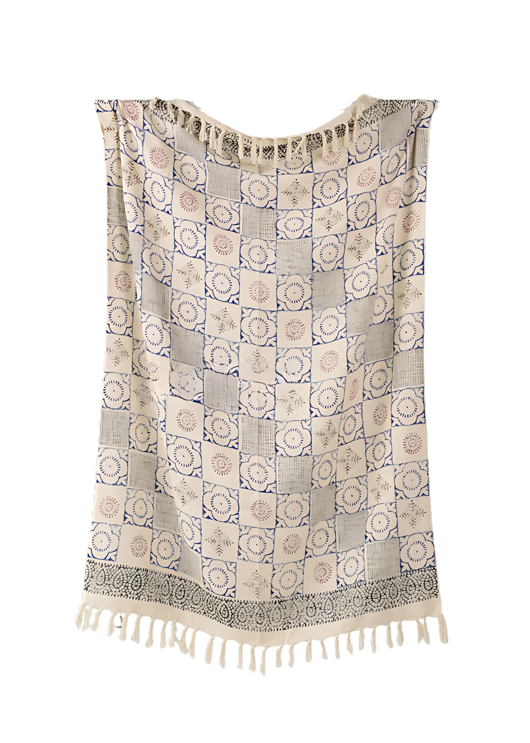 Blumenmedaillon Block Druck Plaid | Plaids | Sofaüberwurf für alle Jahreszeiten | 130x175 cm | Plaid mit Fransen | 100% Baumwolle | Blau und Creme