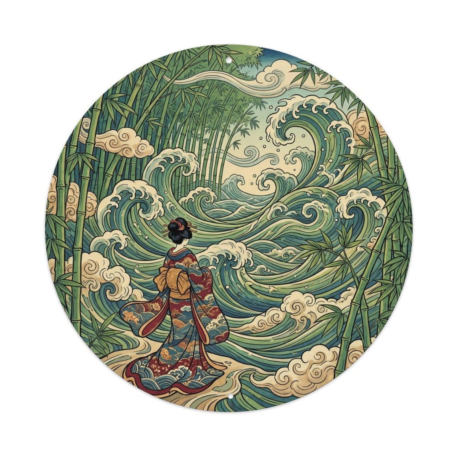 Metal Tin Sign Japanese Bamboo Sea Waves Geisha Observing