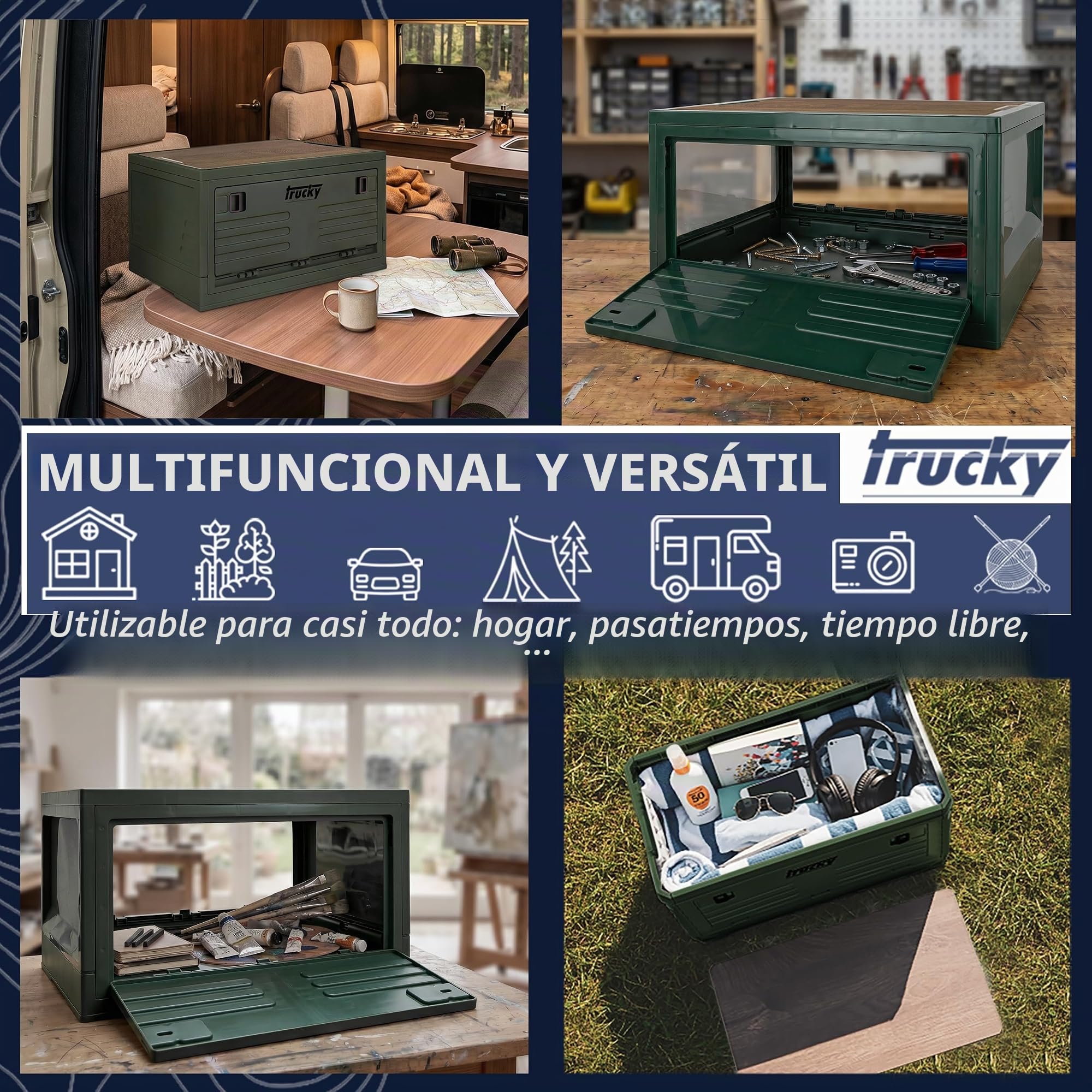 Trucky Caja de almacenamiento con tapa, 35 L, 48 x 30 x 24 cm, para camping, plegable, caja de almacenamiento con tapa, color verde