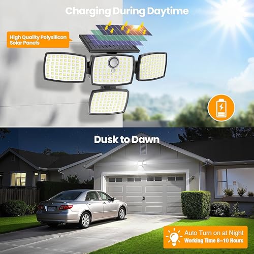 Miniatura 5 de Onforu Luces solares para exteriores, 3000 lúmenes, 4 cabezales, sensor de movimiento, luces para exteriores, control remoto, 3 modos, luces solares