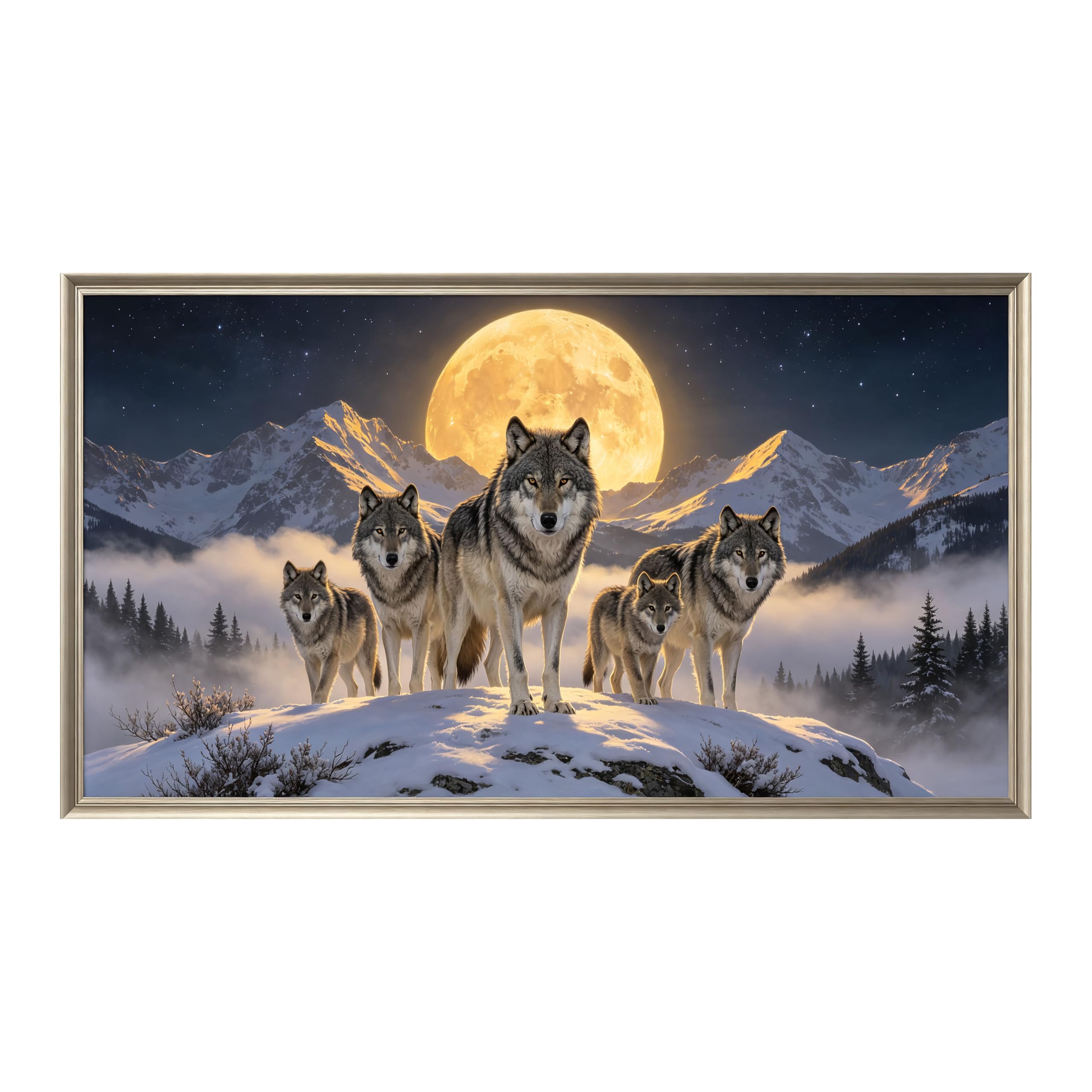 Yzpallescene 3D Framed Wall Art Wolf Pack Moonlight Mountain Landscape Wilderness Large Size SelfAdhesive Removable Wall Decor Prints Artwork for Living Room Bedroom Office
