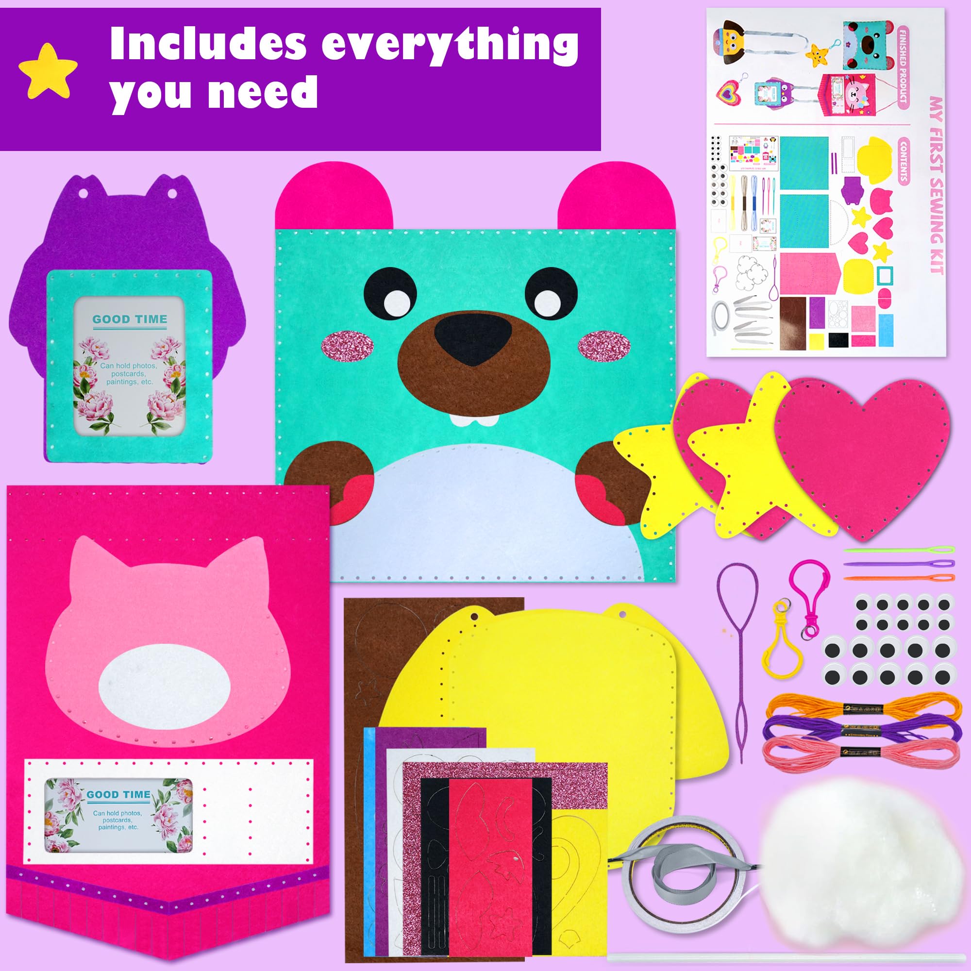 Aimiffy My First Sewing Kit for Kids, Beginners in Arts and Crafts, Includes 6 Easy Project Dolls, Pillows, Instructions and Felt Materials for Learning to Sew and Embroidery — view 2