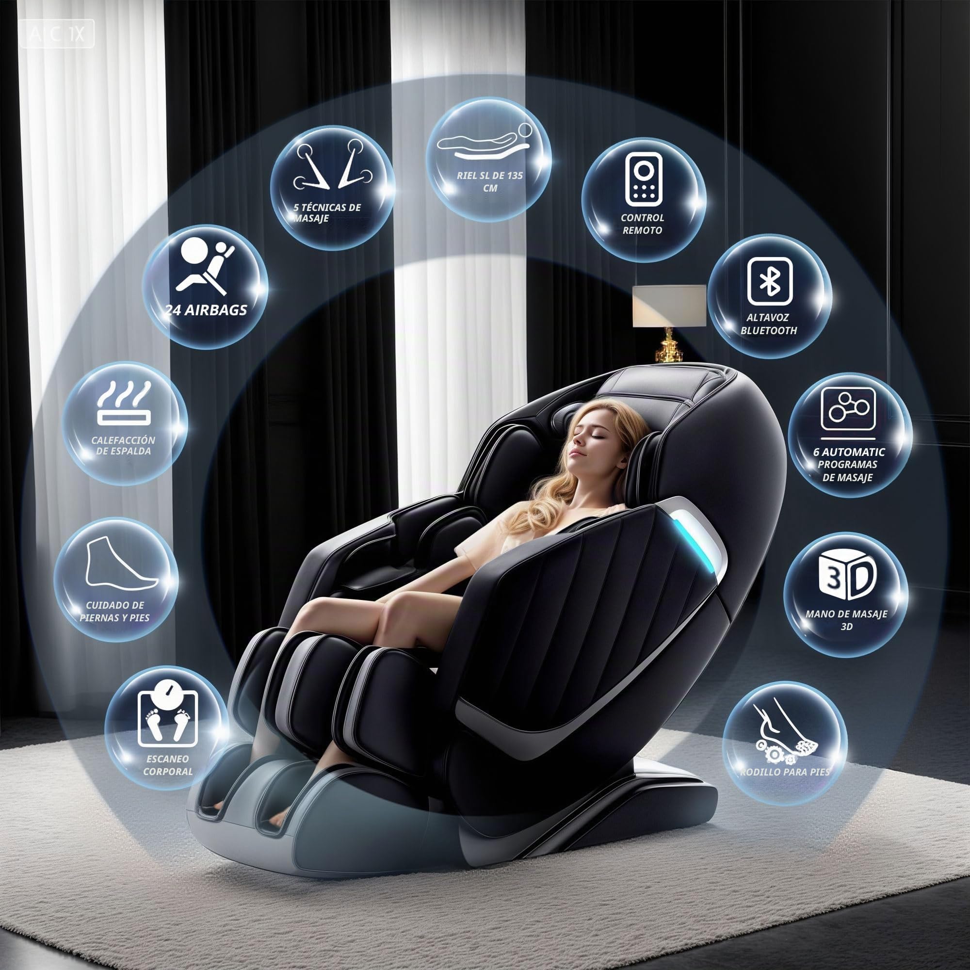 HealthRelife Sillón de Masaje 3D para Todo el Cuerpo - 3 Gravedad Cero, Manos de Masaje, 128CM SL Carril, con Airbag, Negro