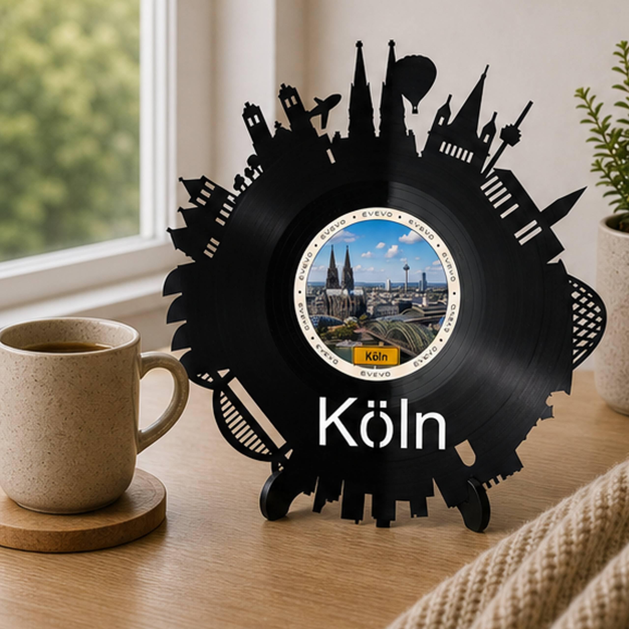 EVEVO Decorazione da parete a forma di disco di Colonia – Decorazione da parete in vinile con skyline del Reno, regalo per gli appassionati di Colonia, Dom Hohenzollerbrücke D0062