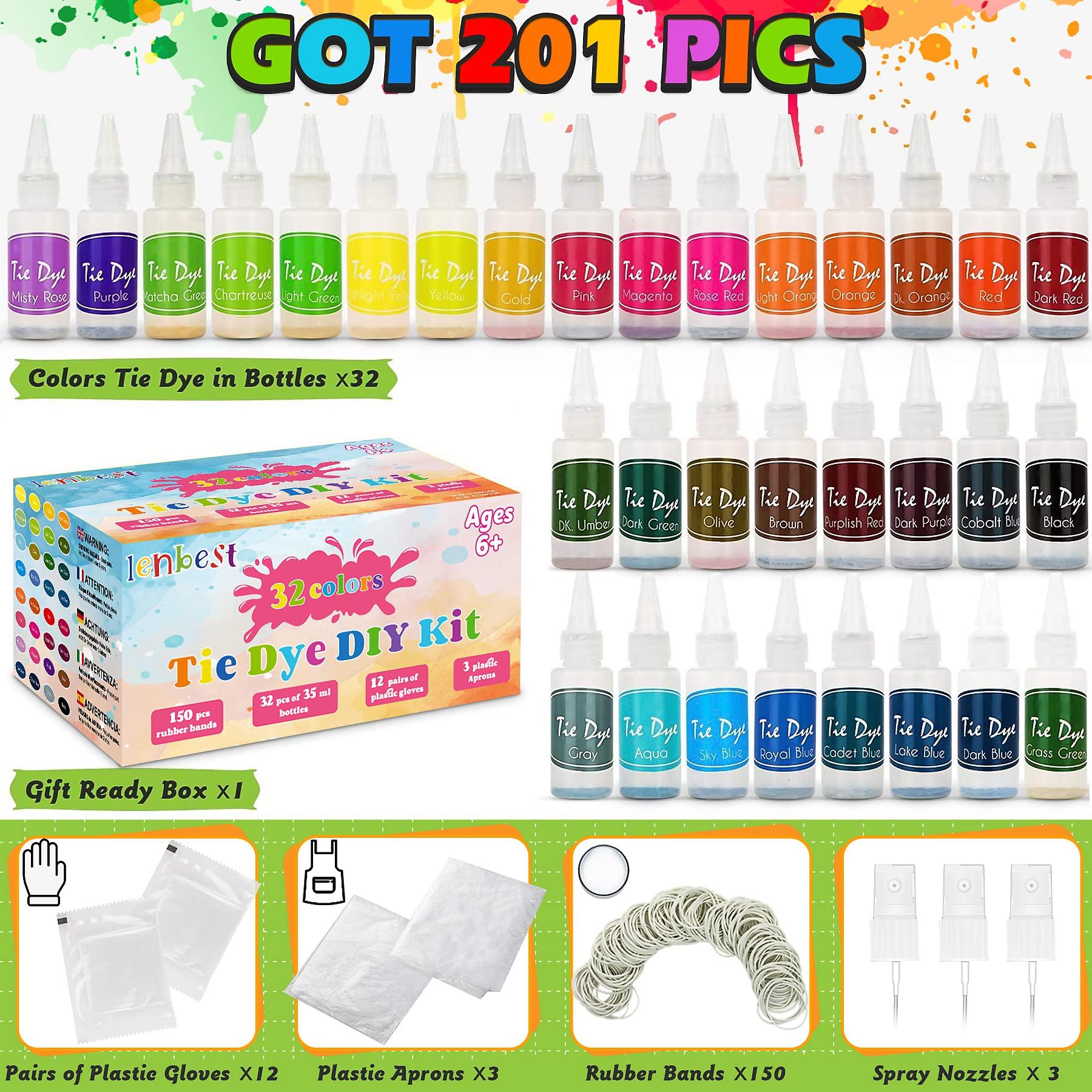 lenbest Tie Dye Kit-32 Colori per Tessuti Permanenti a Cravatta Kit di Tinture per Tessuto-150 Pezzi Elastici e 12 Paia di Guanti in Plastica per Halloween Bambini|Aduiti