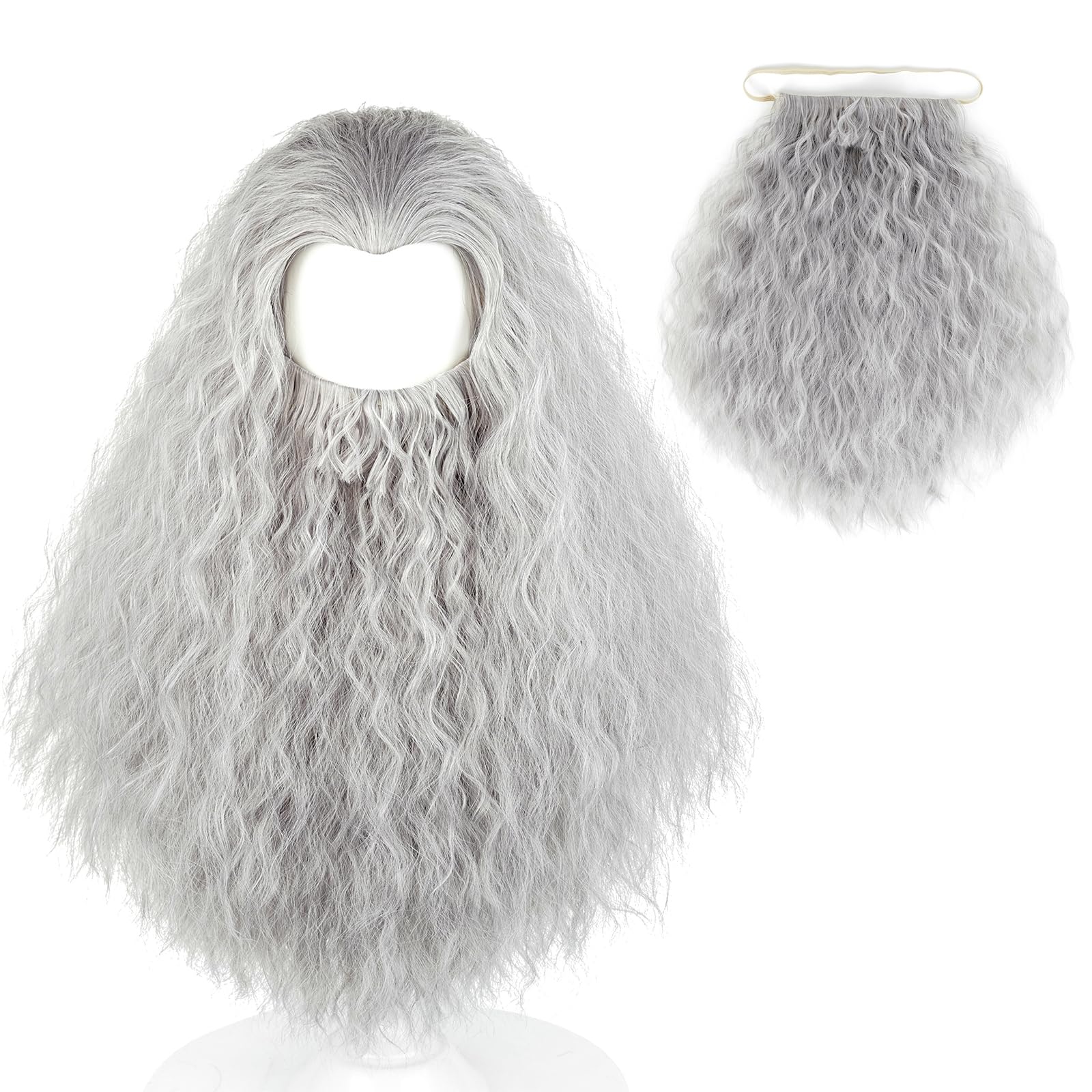 Probeauty Gray Wig with Beard for Adults, Long Grey Curly Cosplay Wig for Halloween Costume Party