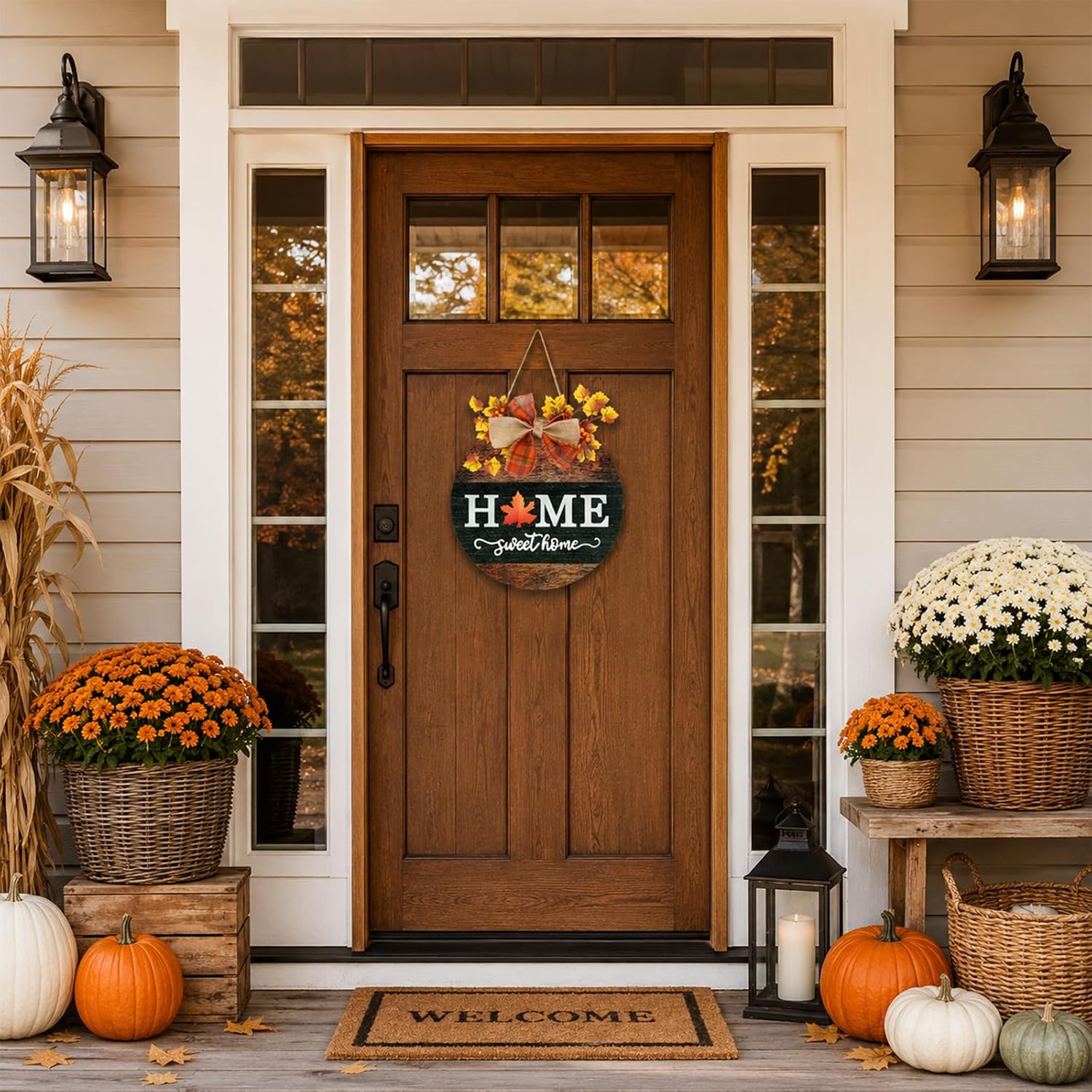 Interchangeable Welcome Sign for Front Door with 4 Seasonal Wreath and 14 Changeable Icons, Home Sweet Home for Spring Summer Fall Winter All Seasons Holiday, Rustic Round Wood Wreath Door Decoration