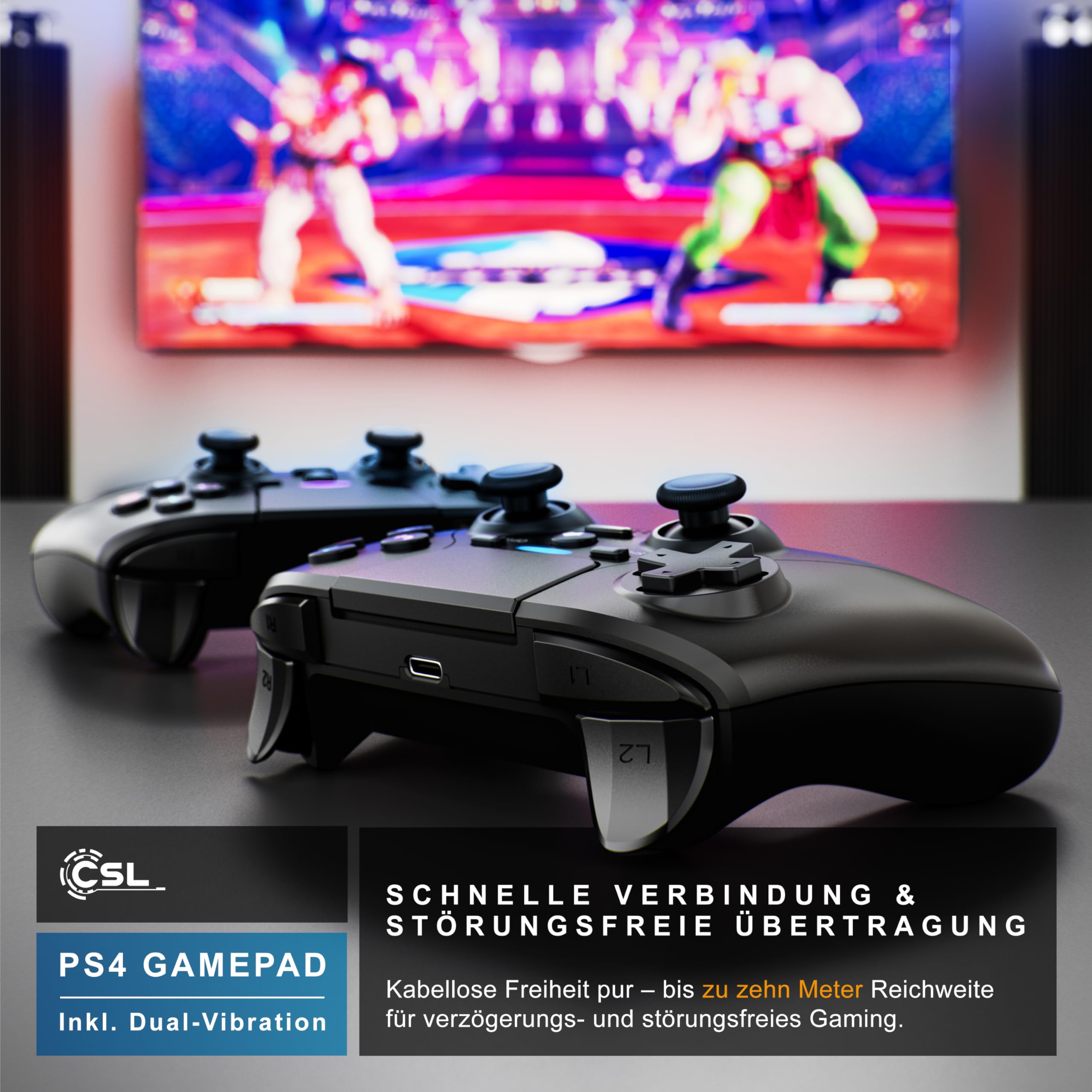 CSL - Wireless Gamepad für PC und PS4 - PC Anschluss - Wireless Controller - Dual Vibration - Headset Ausgang - Turbo Funktion - Touchpad - Share-Taste - eingebauter Lautsprecher