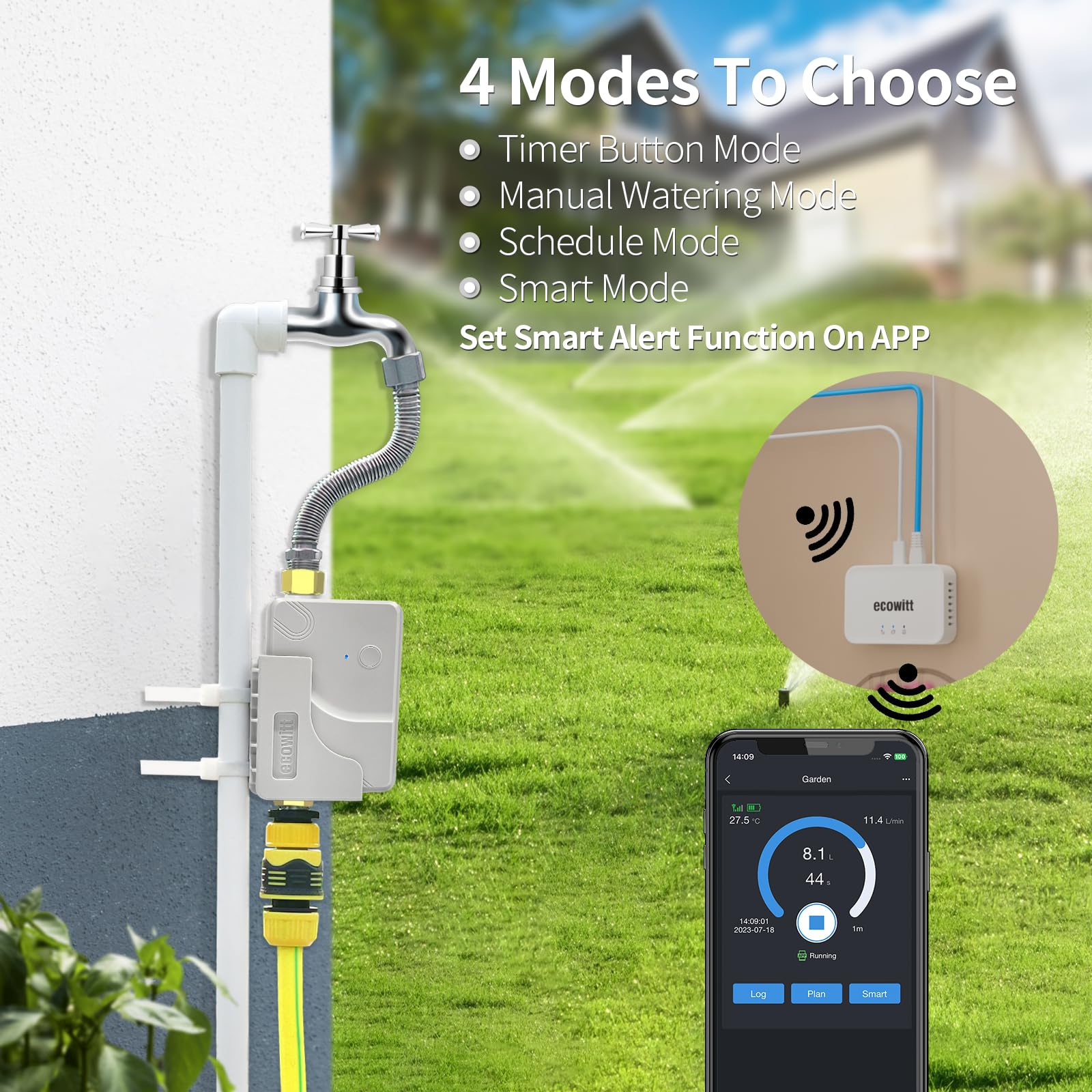 ECOWITT GW3003, WFC01 Minuteur d'arrosage intelligent pour jardin Débitmètre d'eau intégré et capteur de température + 3 en 1 Wi-Fi domestique / passerelle filaire GW3000, irrigation intelligente