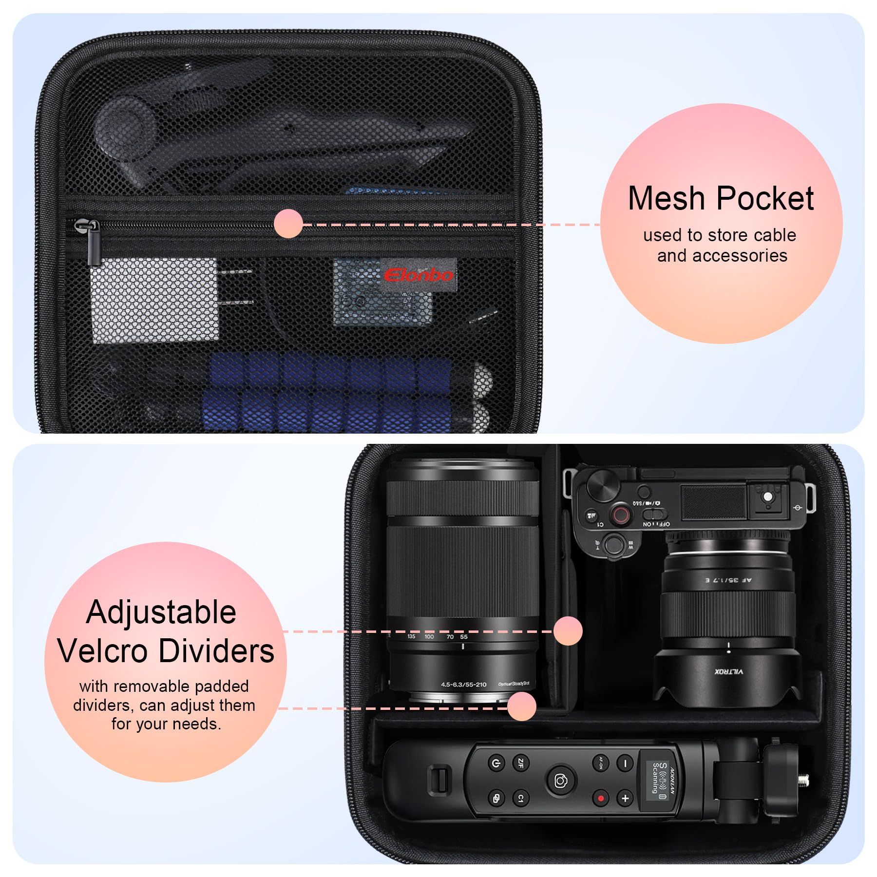 Elonbo Custodia da trasporto per fotocamera mirrorless Sony ZV-E10 / ZVE10 II, borsa rigida da viaggio per fotocamera digitale. Tasca in rete per obiettivi intercambiabili, lettore di schede, Nero