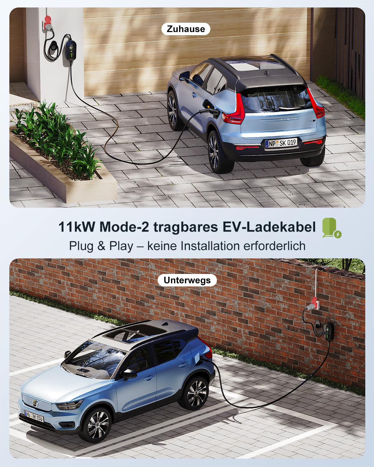 EzGoGo Wallbox Ładowarka mobilna 11 kW typ 2 (3 fazy) z kablem ładującym 10 m CEE 16 A do typu 2 | stacja ładująca EV z regulowanym prądem [6/8/10/13/16A], wysokiej jakości ochrona IP65
