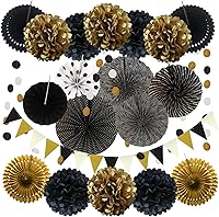 Vista 11 de ZERODECO - Decoración de fiesta, 21 piezas de abanicos de papel amarillo colgantes, pompones, flores, guirnaldas, tiras de lunares y banderines