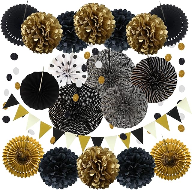 Zerodeco Party Decoration, 21 Pcs Black and Gold Hanging Paper Fans, Pom Poms Flowers, Garlands String Polka Dot and Triangle Bunting Flags for Birthday Party graduations Wedding Décor Happy New Years