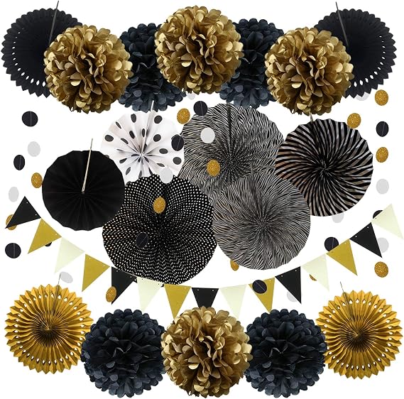 ZERODECO Party Decoration, 21 Pcs Black and Gold Hanging Paper Fans, Pom Poms Flowers, Garlands String Polka Dot and Triangle Bunting Flags for Birthday Parties Wedding Decor, Table & Wall Decorations