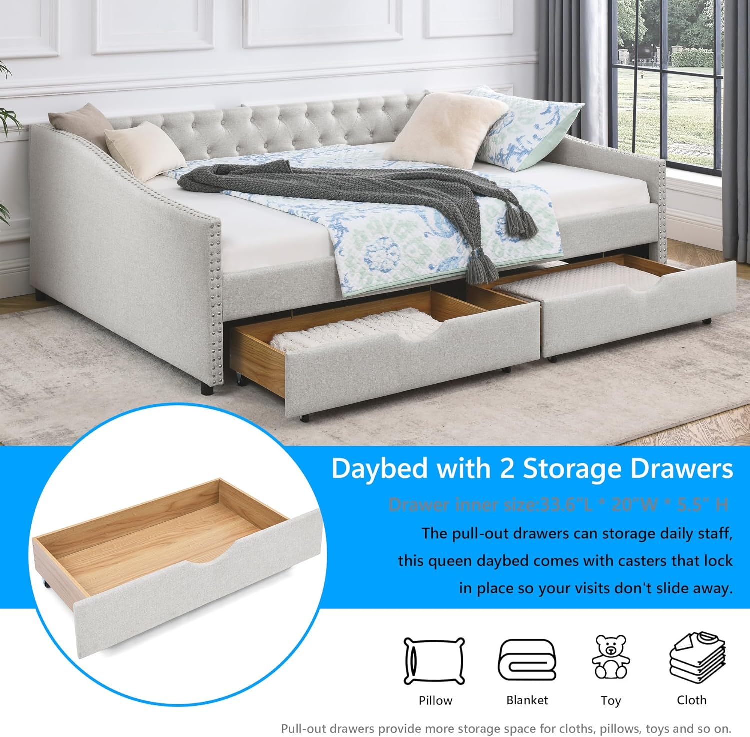 Flieks Queen Size Wood Daybed with Drawers,Queen Upholstered Button Tufted Sofa Bed with Copper Nail on Waved Shape Arms,Beige(84.5"x63.5"x26.5")