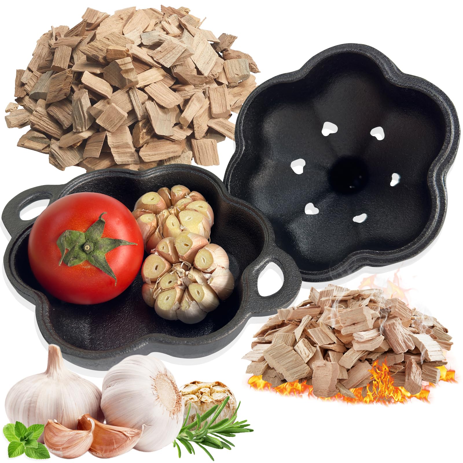 Ahumador y asador de ajo de hierro fundido pre-sazonado, resistente con tapa y caja de ahumador para virutas de madera, cocina para ahumadores al aire libre 2