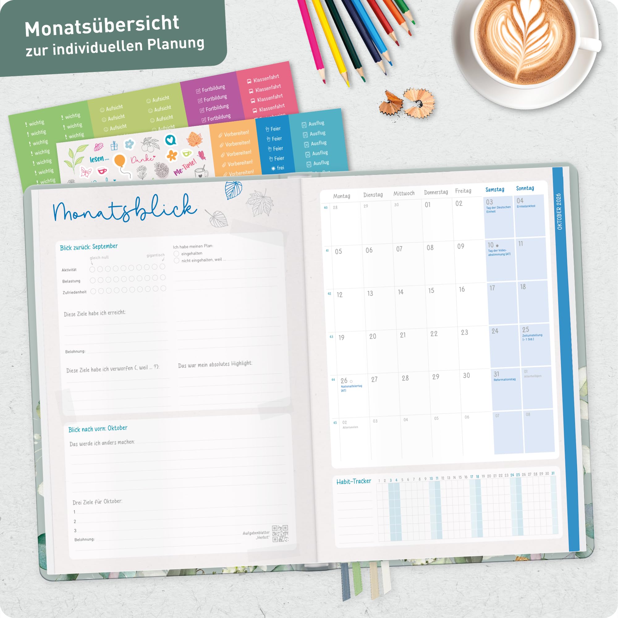 Häfft® Lehrerplaner Grundschule 2026/2027 im A4+ Format Hardcover - Schuljahr 12 Monate (Aug 26 - Jul 27) Lehrerkalender & Unterrichtsplaner für Klasse 1–4 "Minty Leaves"
