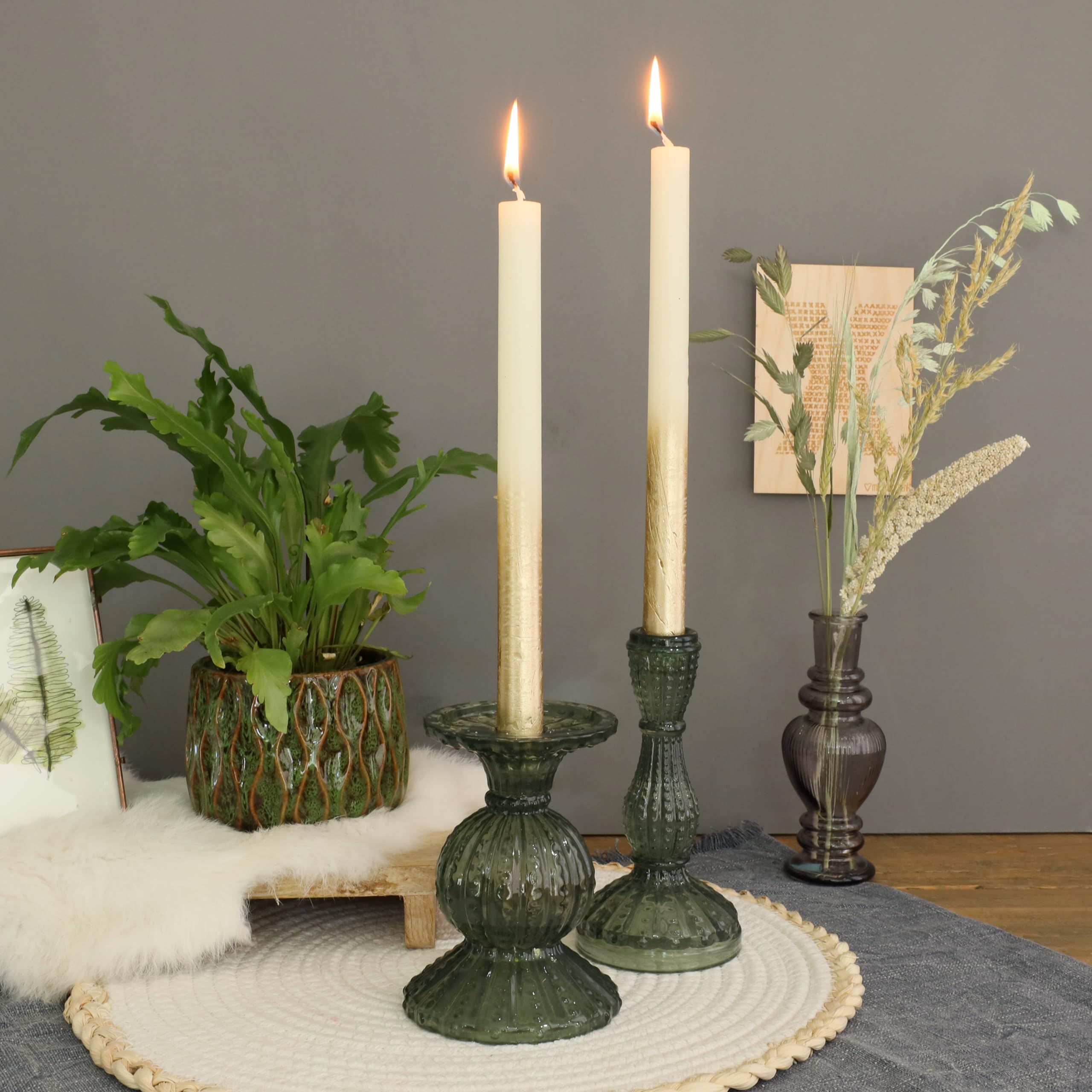Taper Candles Set - 2 x Long Burning Dripless Dinner Table Taper Candles, Cream with Gold Accent, 25 cm, 10 Hours - Image 2