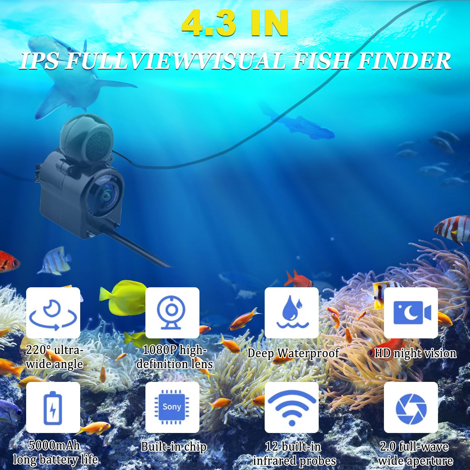 Sondeur de pêche, caméra sous-Marine avec Objectif HD à 220°, caméra sondeur certifiée IP67 avec écran IPS de 4,3 Pouces et câble de 30 m, sondeur Portable pour la pêche en mer et la pêche sur Glace