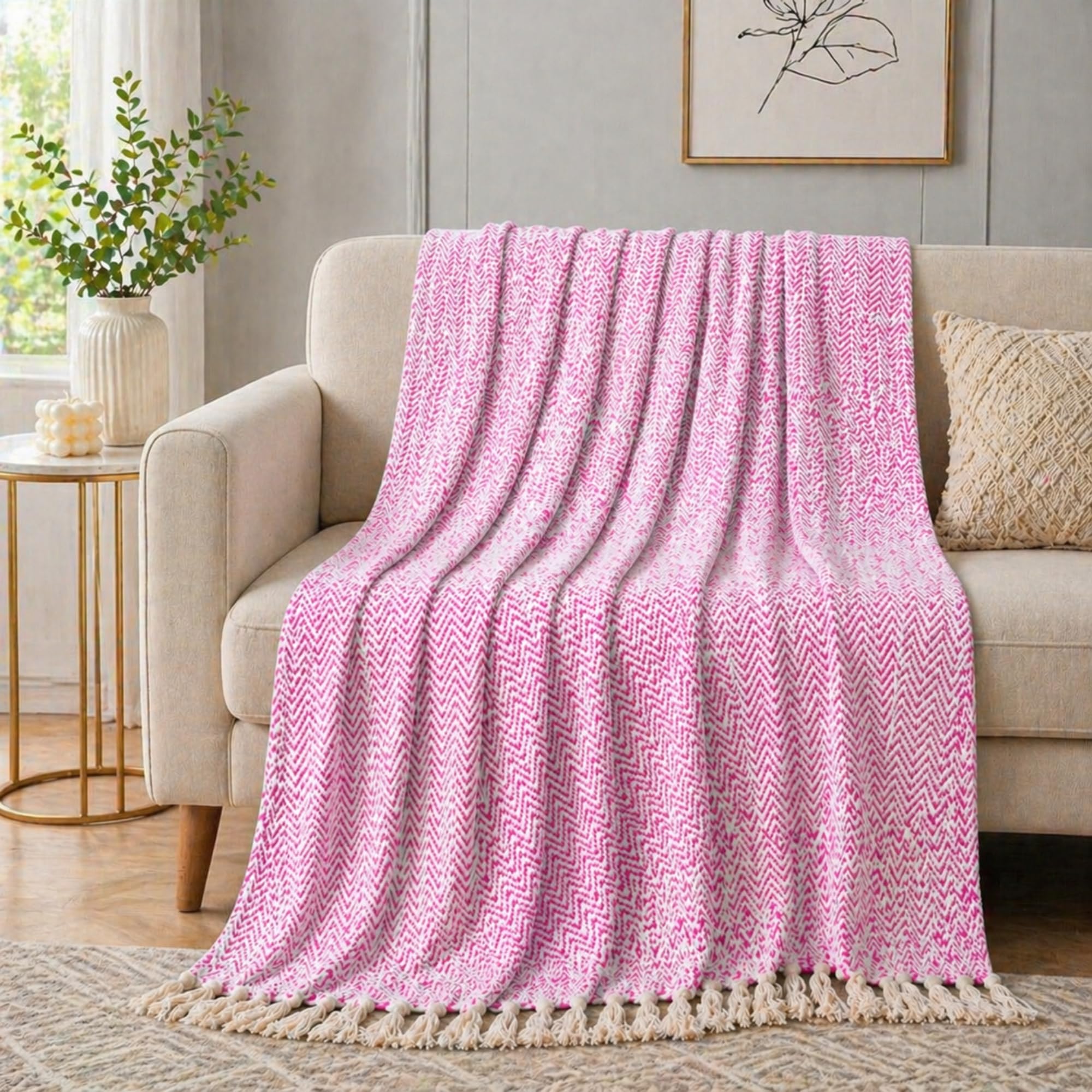 Tarantaran Premium Pink Cotton Herringbone Pattern Throw Blanket for Sofa with Soft Cozy Tassel Couch Cover Decor-image-32