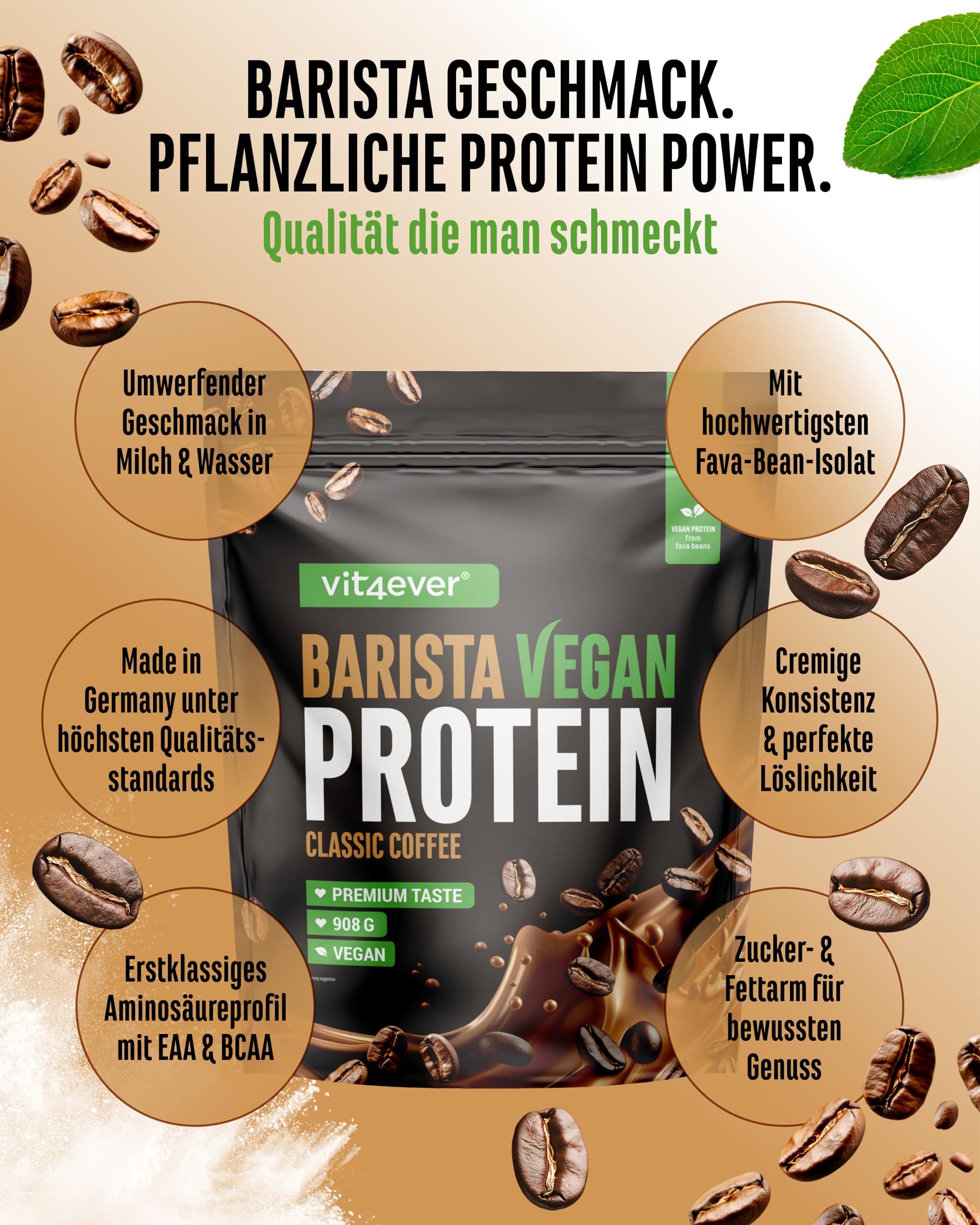vit4ever Barista Protein Coffee – Cremiger pflanzlicher Protein-Kaffee mit echtem Kaffee & Koffein, wenig Zucker & Fett, ohne Soja – 908 g, Classic Pflanzenproteine Vegan | 24g Protein & 80mg Koffein pro Portion, mit echtem Kaffee, Favabohnen-Protein, ohn