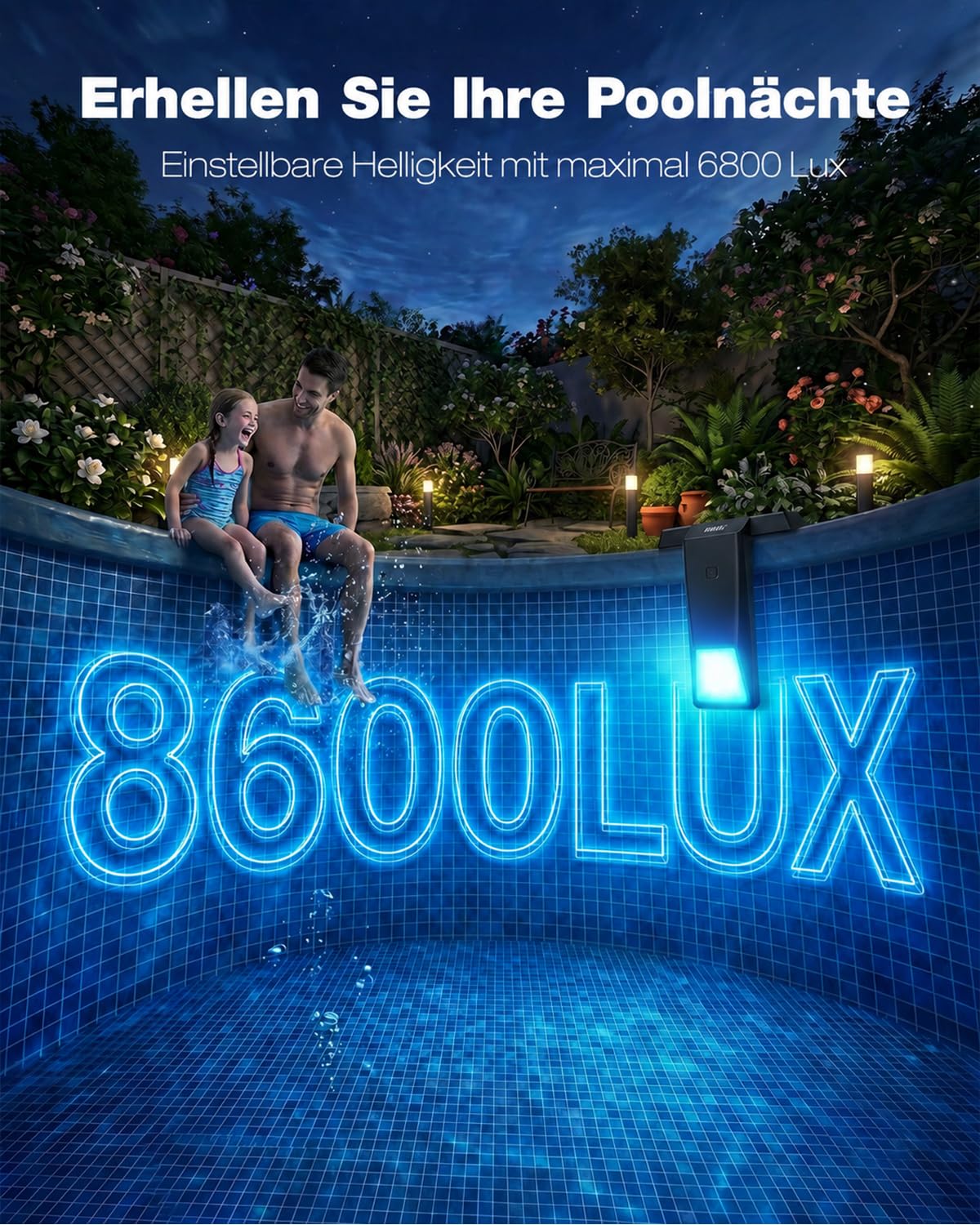 Teleskopierbar Poolbeleuchtung Solar mit Poolthermometer | RGB-Farbe, Einstellbare Helligkeit, Mit Fernbedienung, Unterwasser, Für verschiedene Poolarten