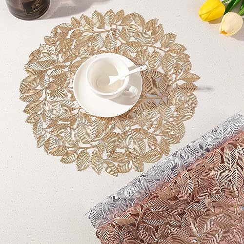 Miniatura 5 de Juego de 4 manteles individuales de hoja dorada, manteles individuales huecos redondos metálicos resistentes al calor, manteles individuales de
