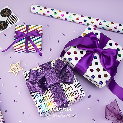 Miniatura 4 de Ribbli papel de regalo para cumpleaños, papel de regalo brillante para regalos, minirollo, 3 rollos con estampados de lunares y rayas de feliz